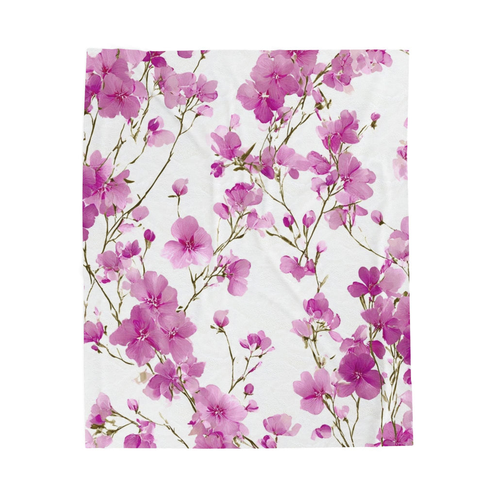 Velveteen Plush Blanket — Pink Cherry Blossom Floral Throw, Soft Cozy Bed & Couch Accent