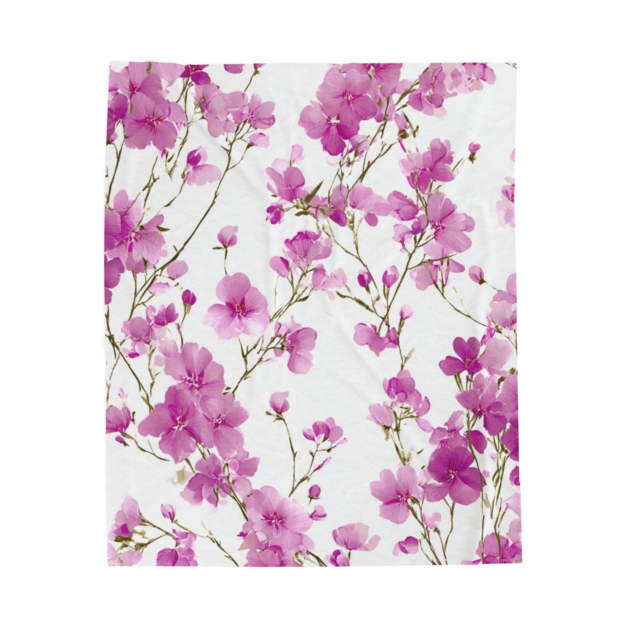Velveteen Plush Blanket — Pink Cherry Blossom Floral Throw, Soft Cozy Bed & Couch Accent