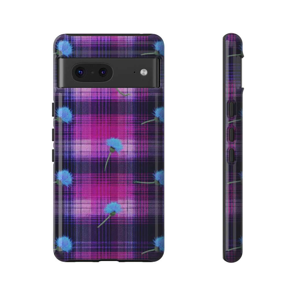Purple Plaid Blue Thistle Tartan Phone Case — Floral Plaid Protective iPhone Cover
