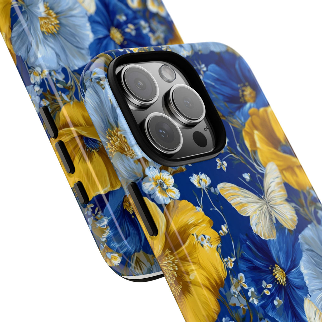 Floral Butterflies Phone Case — Blue & Yellow Tough Protective Cover