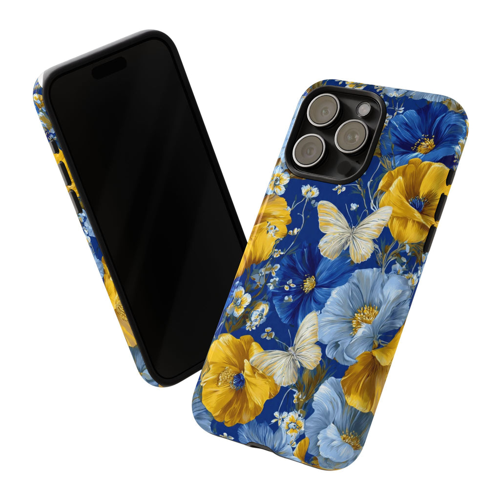Floral Butterflies Phone Case — Blue & Yellow Tough Protective Cover