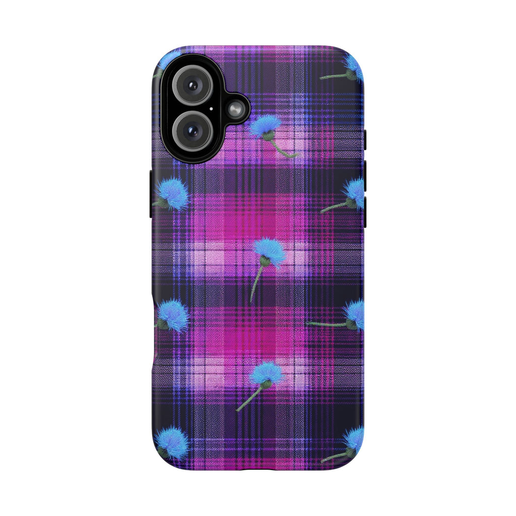 Purple Plaid Blue Thistle Tartan Phone Case — Floral Plaid Protective iPhone Cover