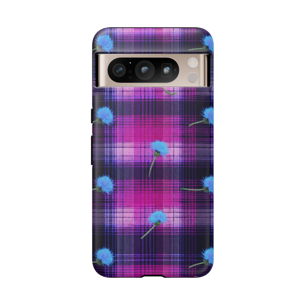 Purple Plaid Blue Thistle Tartan Phone Case — Floral Plaid Protective iPhone Cover