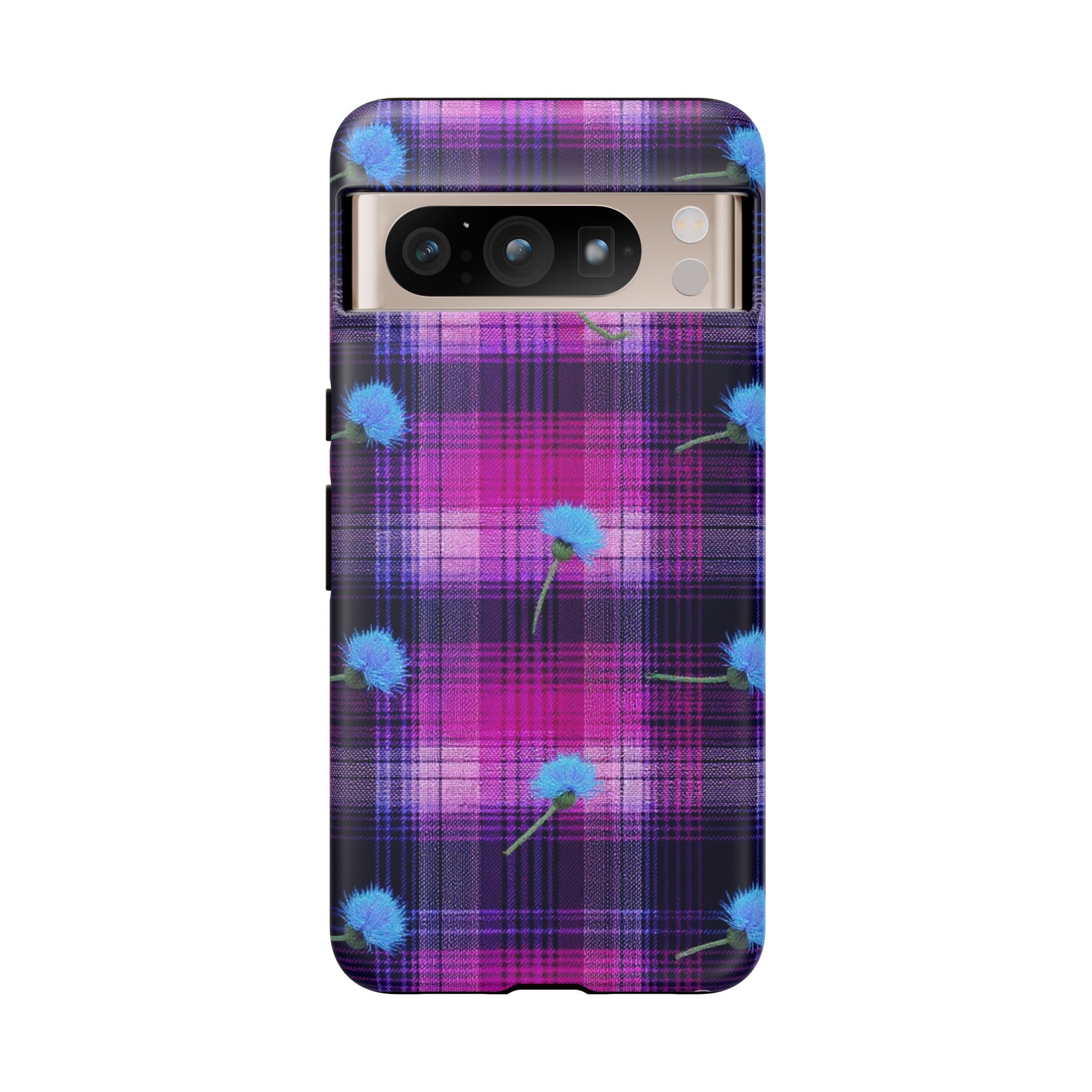 Purple Plaid Blue Thistle Tartan Phone Case — Floral Plaid Protective iPhone Cover