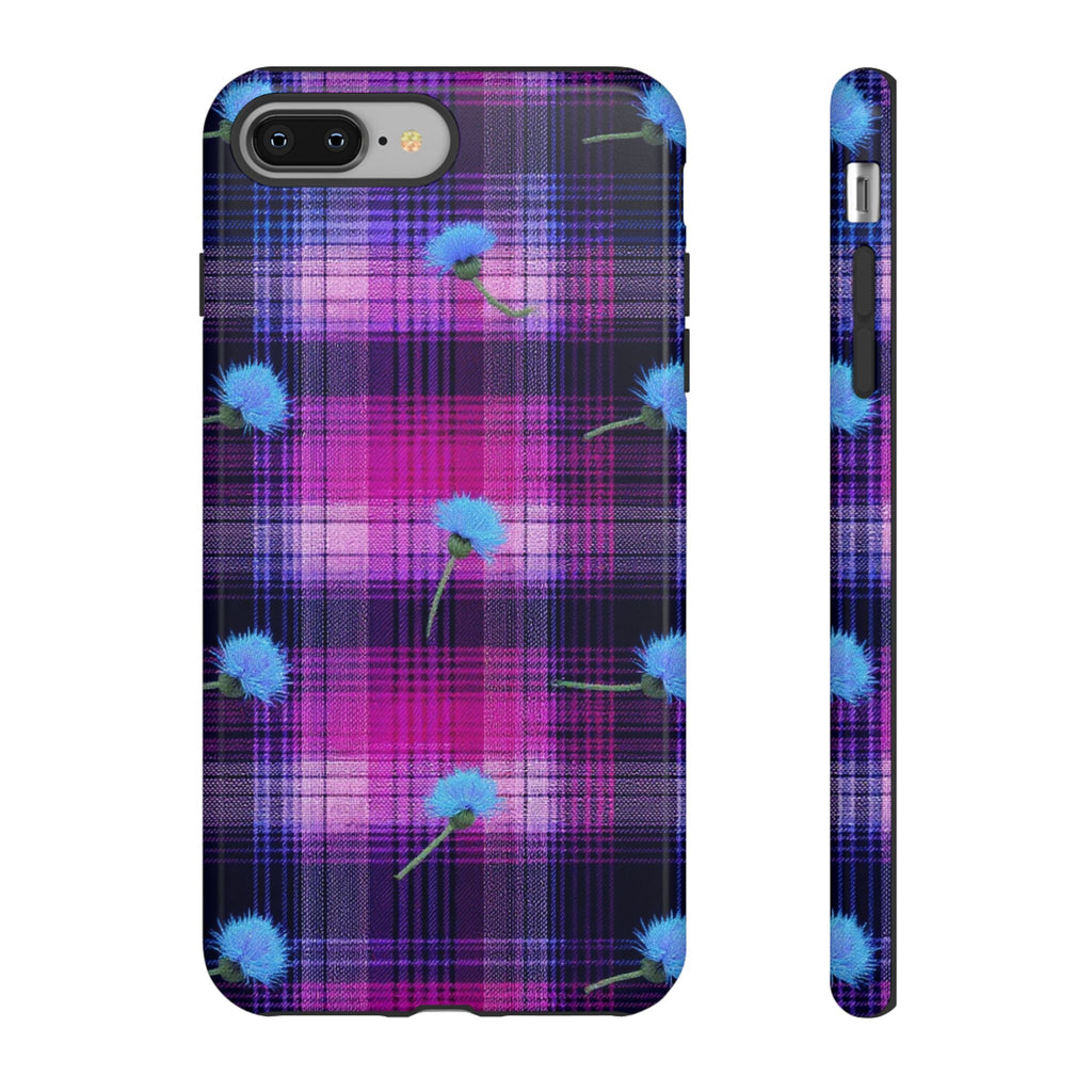 Purple Plaid Blue Thistle Tartan Phone Case — Floral Plaid Protective iPhone Cover