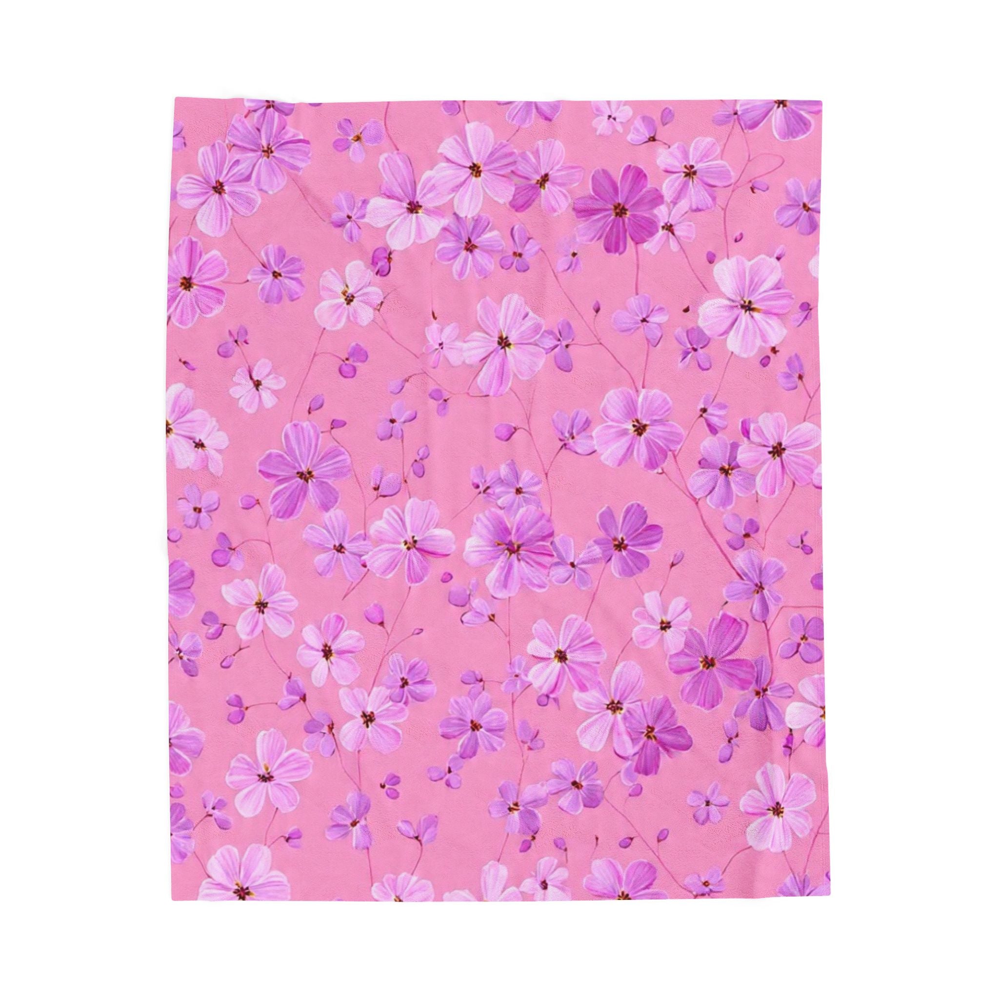 Pink Floral Velveteen Plush Blanket — Soft Cherry Blossom Throw
