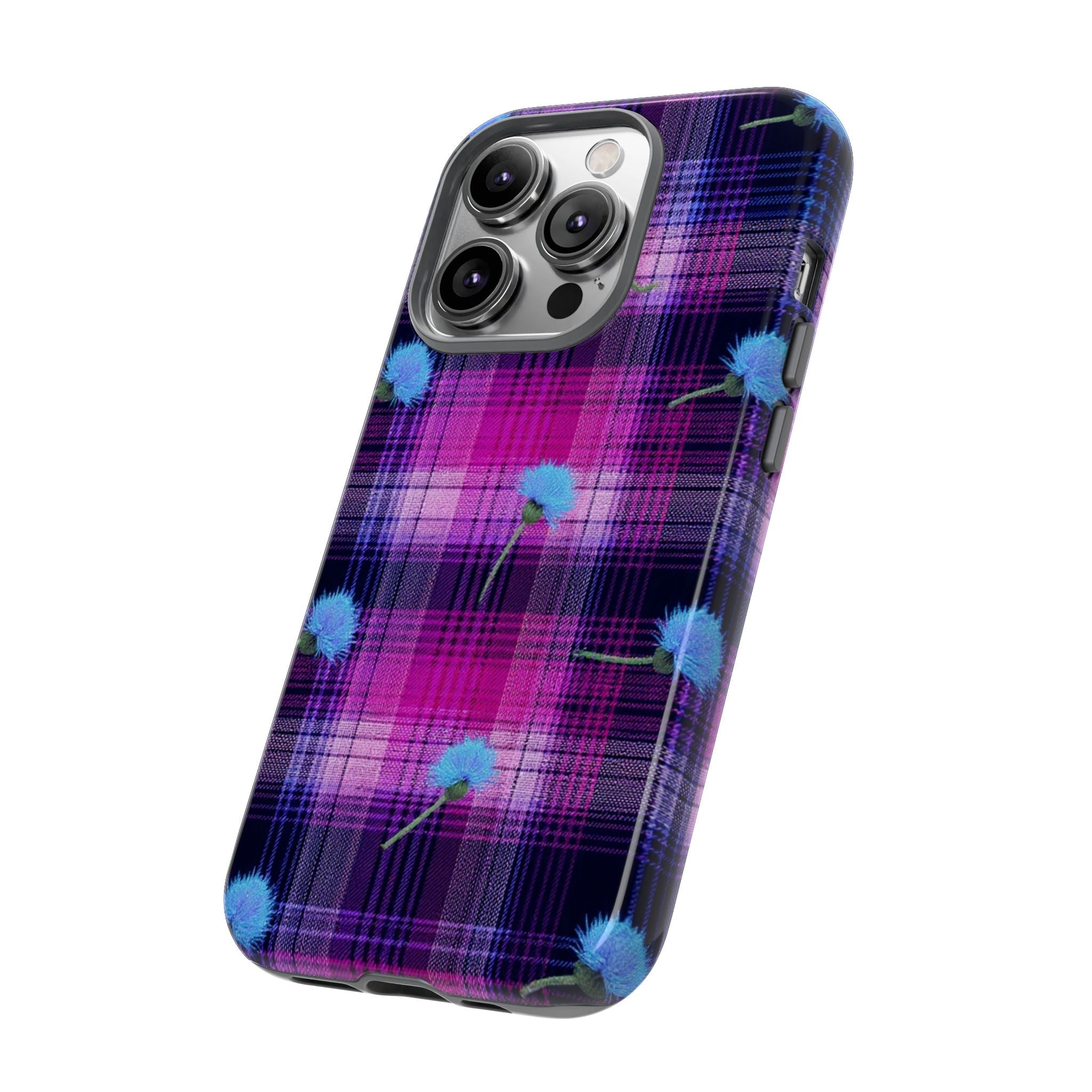 Purple Plaid Blue Thistle Tartan Phone Case — Floral Plaid Protective iPhone Cover