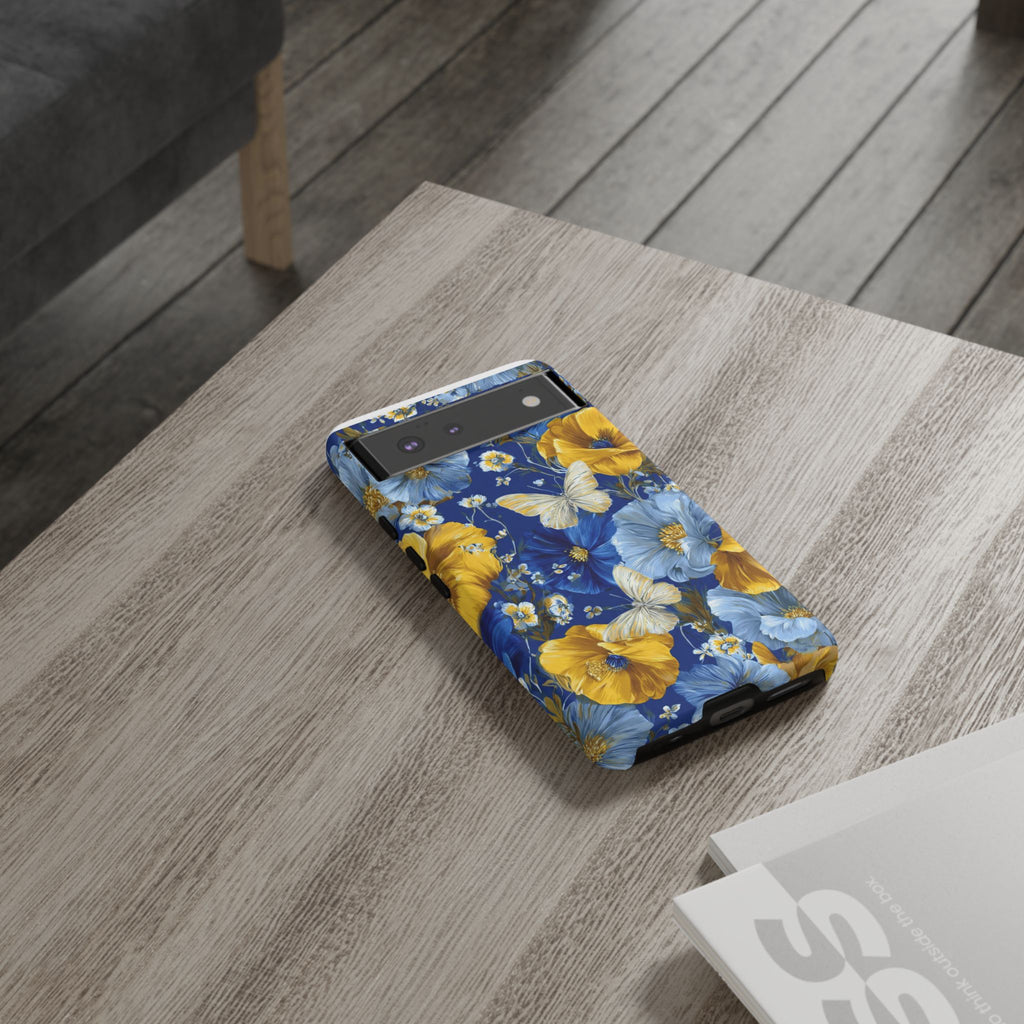 Floral Butterflies Phone Case — Blue & Yellow Tough Protective Cover