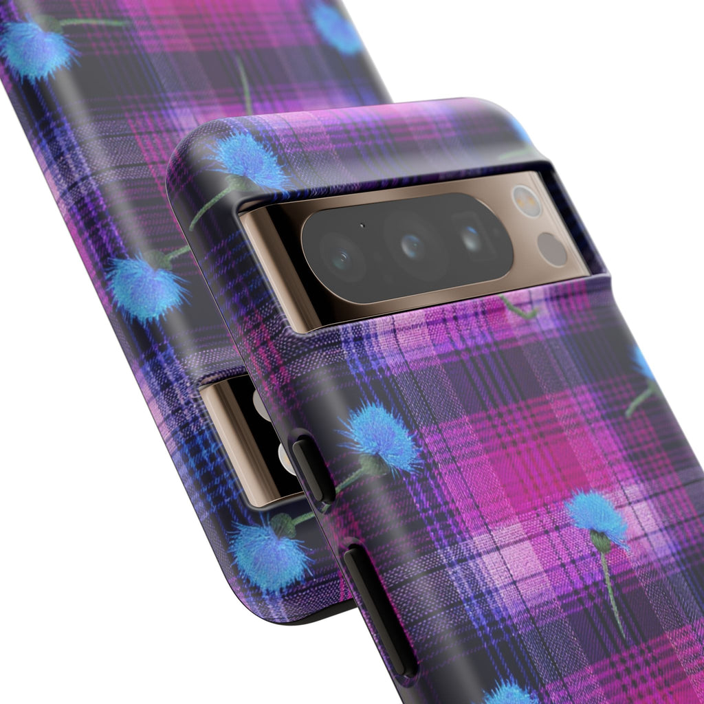 Purple Plaid Blue Thistle Tartan Phone Case — Floral Plaid Protective iPhone Cover