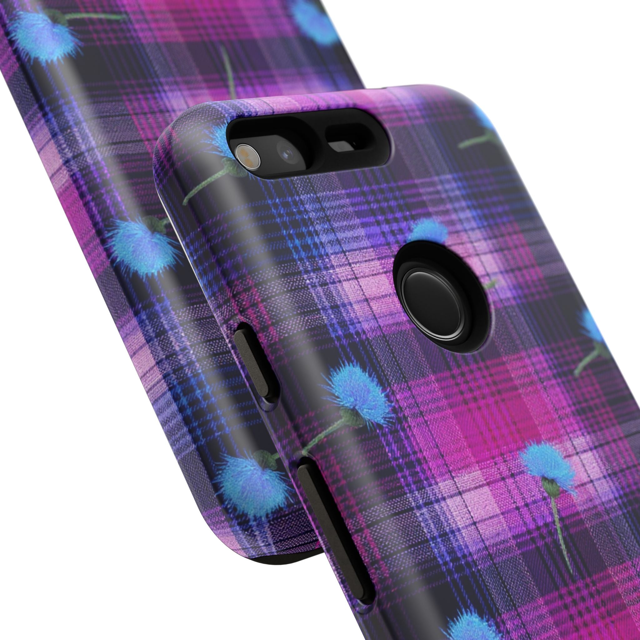 Purple Plaid Blue Thistle Tartan Phone Case — Floral Plaid Protective iPhone Cover