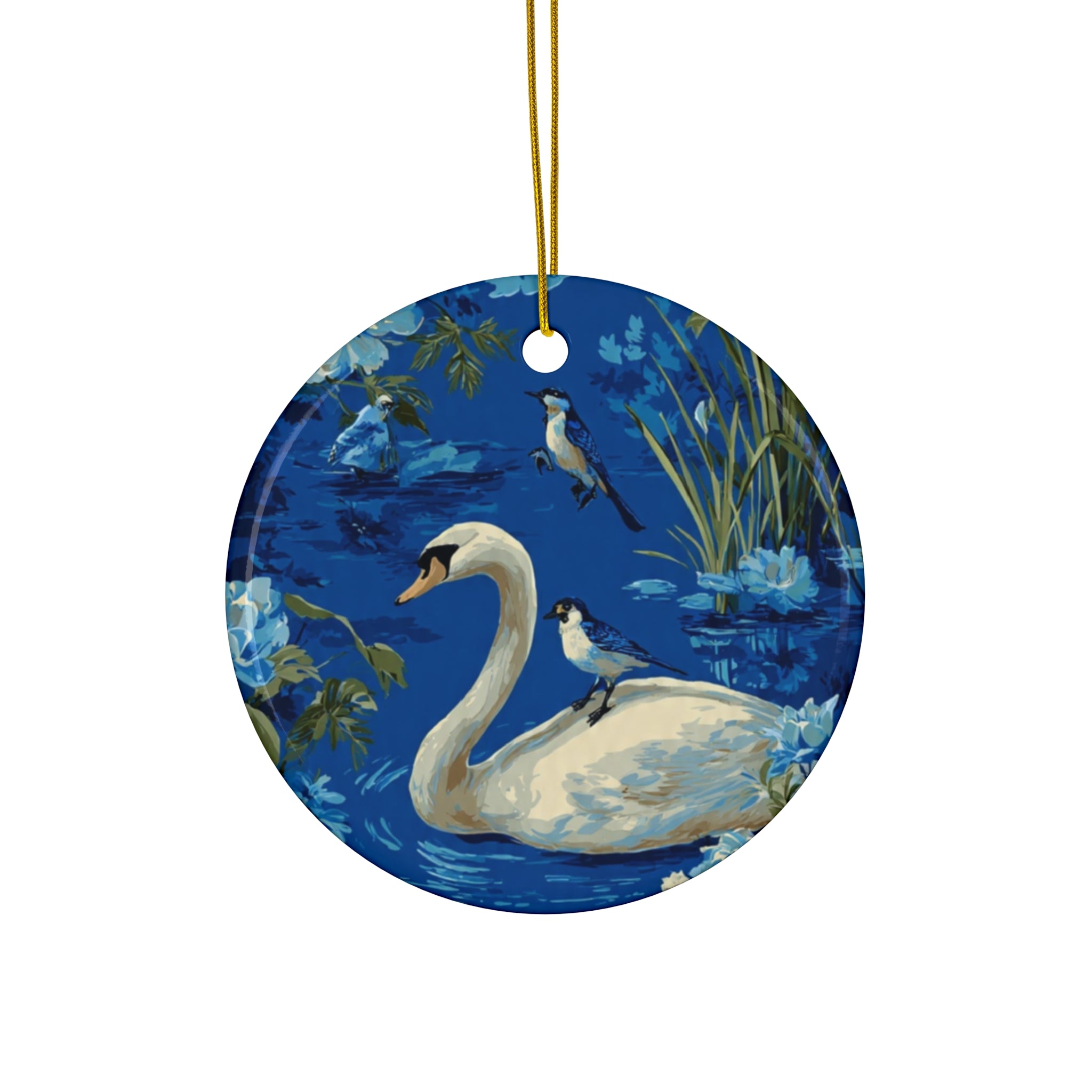 Swan & Birds Ceramic Ornament — Round Decorative Holiday Keepsake