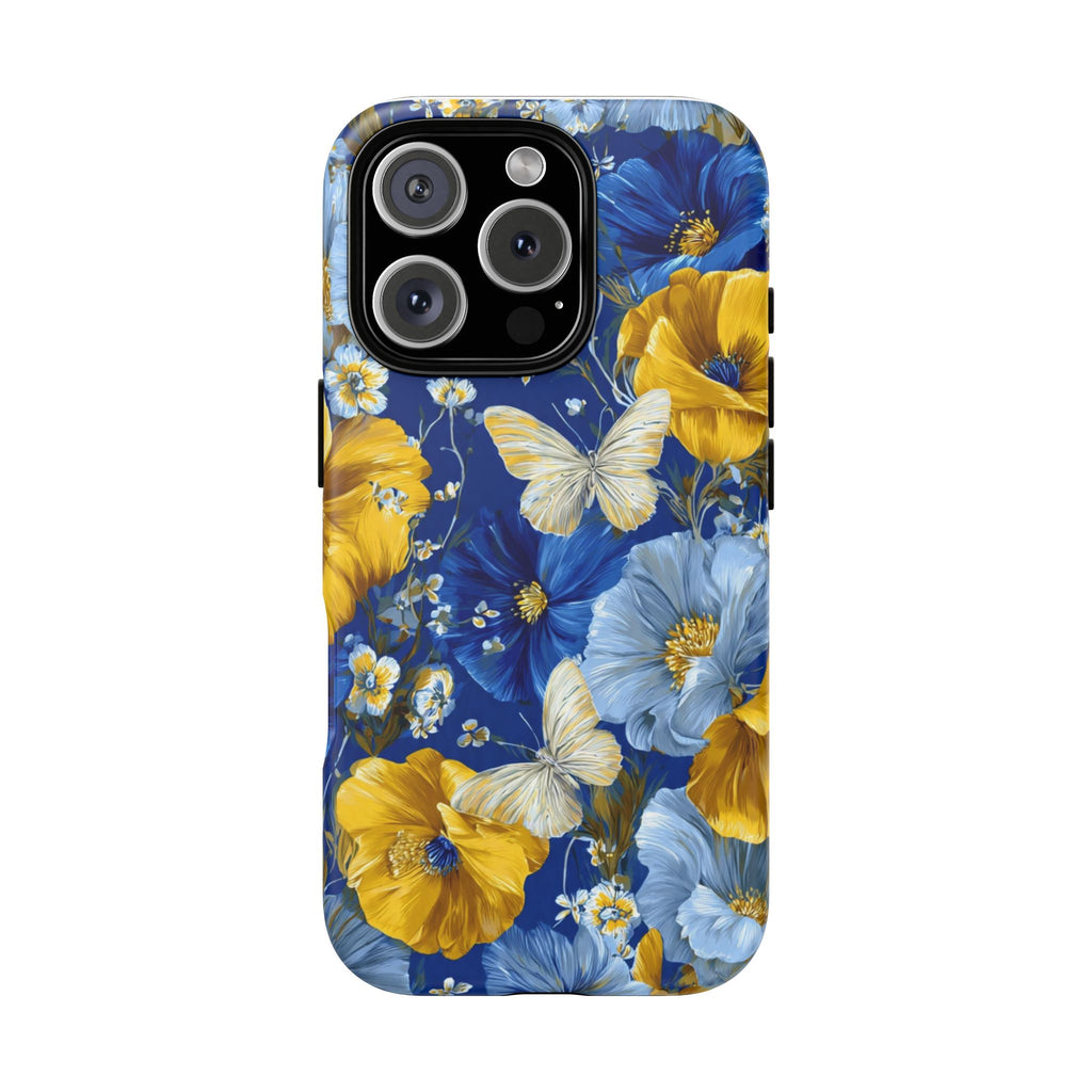 Floral Butterflies Phone Case — Blue & Yellow Tough Protective Cover
