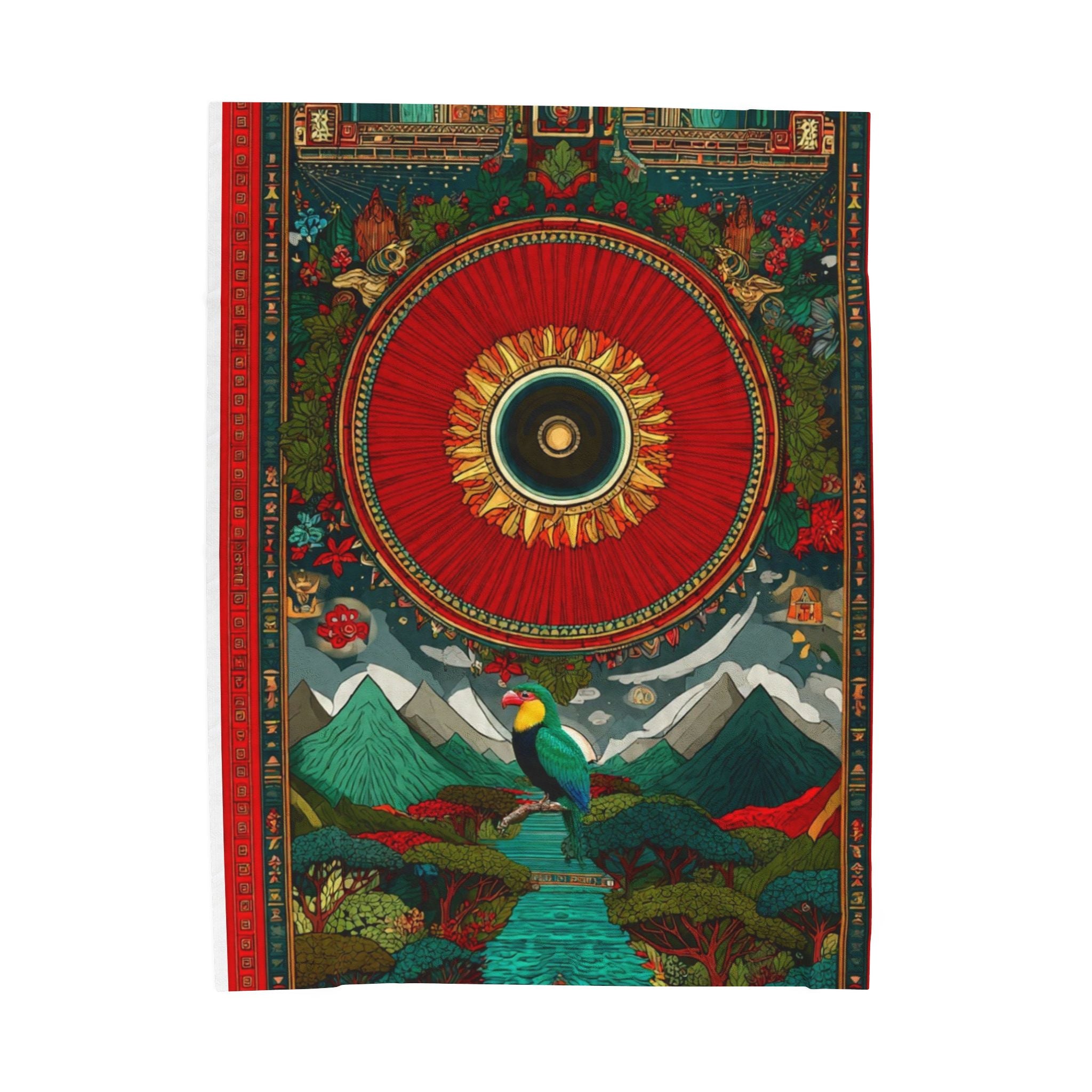 Velveteen Plush Blanket — Bohemian Sun & Mountain Tapestry Design