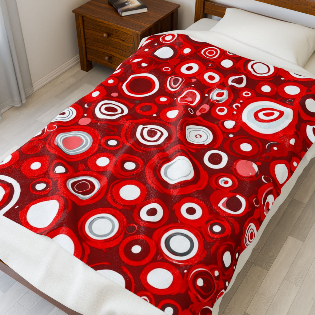 Red Retro Circles Velveteen Plush Blanket — Cozy Mid-Century Modern Throw