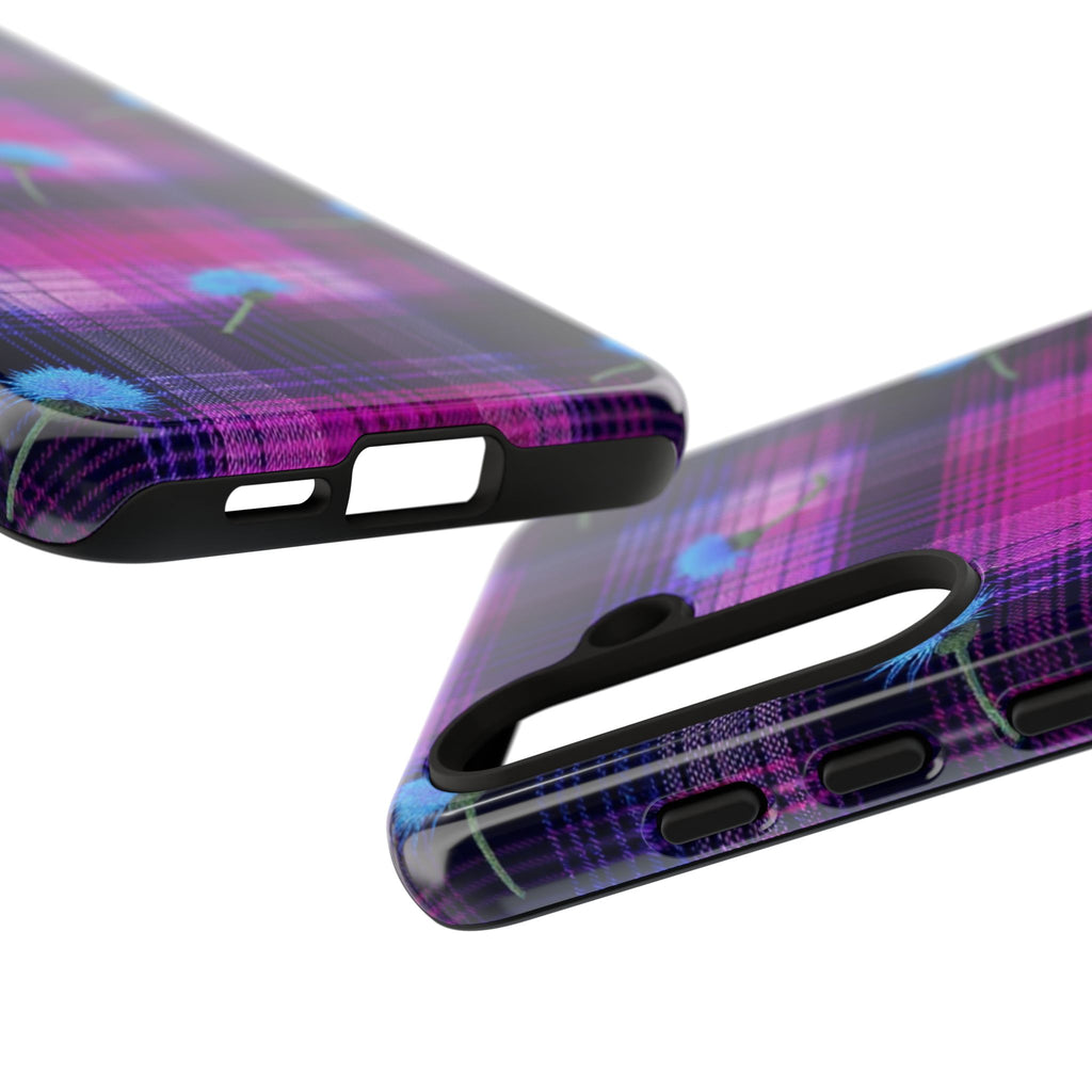 Purple Plaid Blue Thistle Tartan Phone Case — Floral Plaid Protective iPhone Cover