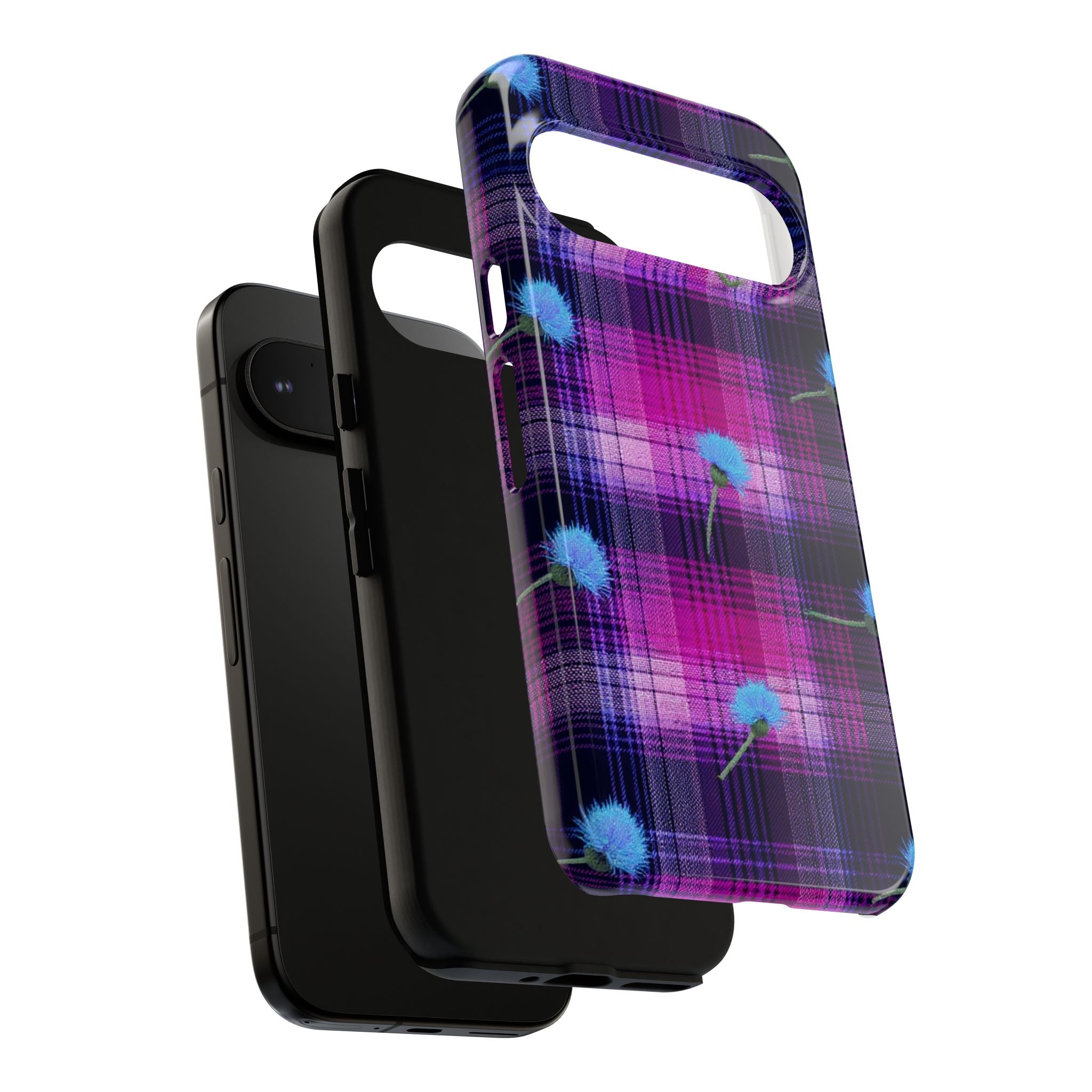 Purple Plaid Blue Thistle Tartan Phone Case — Floral Plaid Protective iPhone Cover
