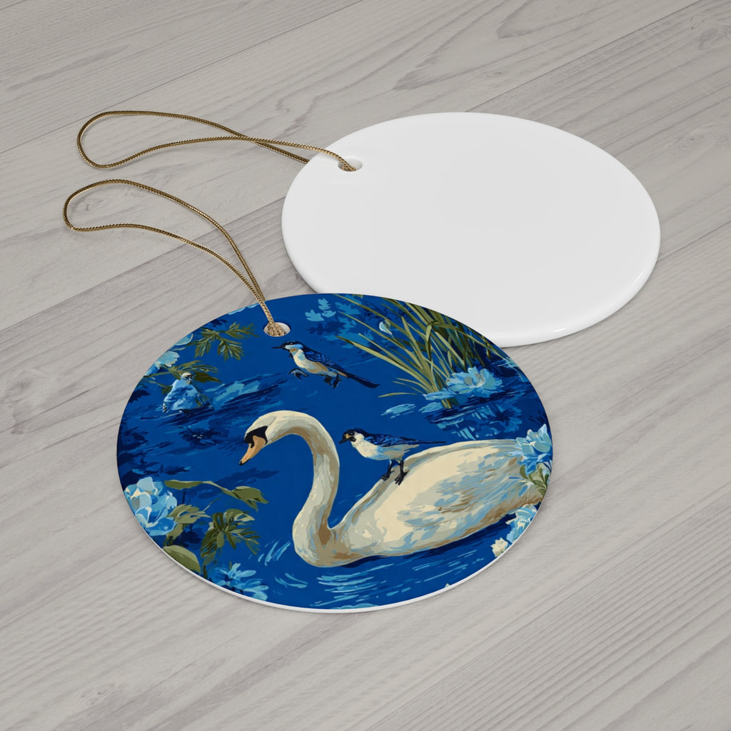 Swan & Birds Ceramic Ornament — Round Decorative Holiday Keepsake