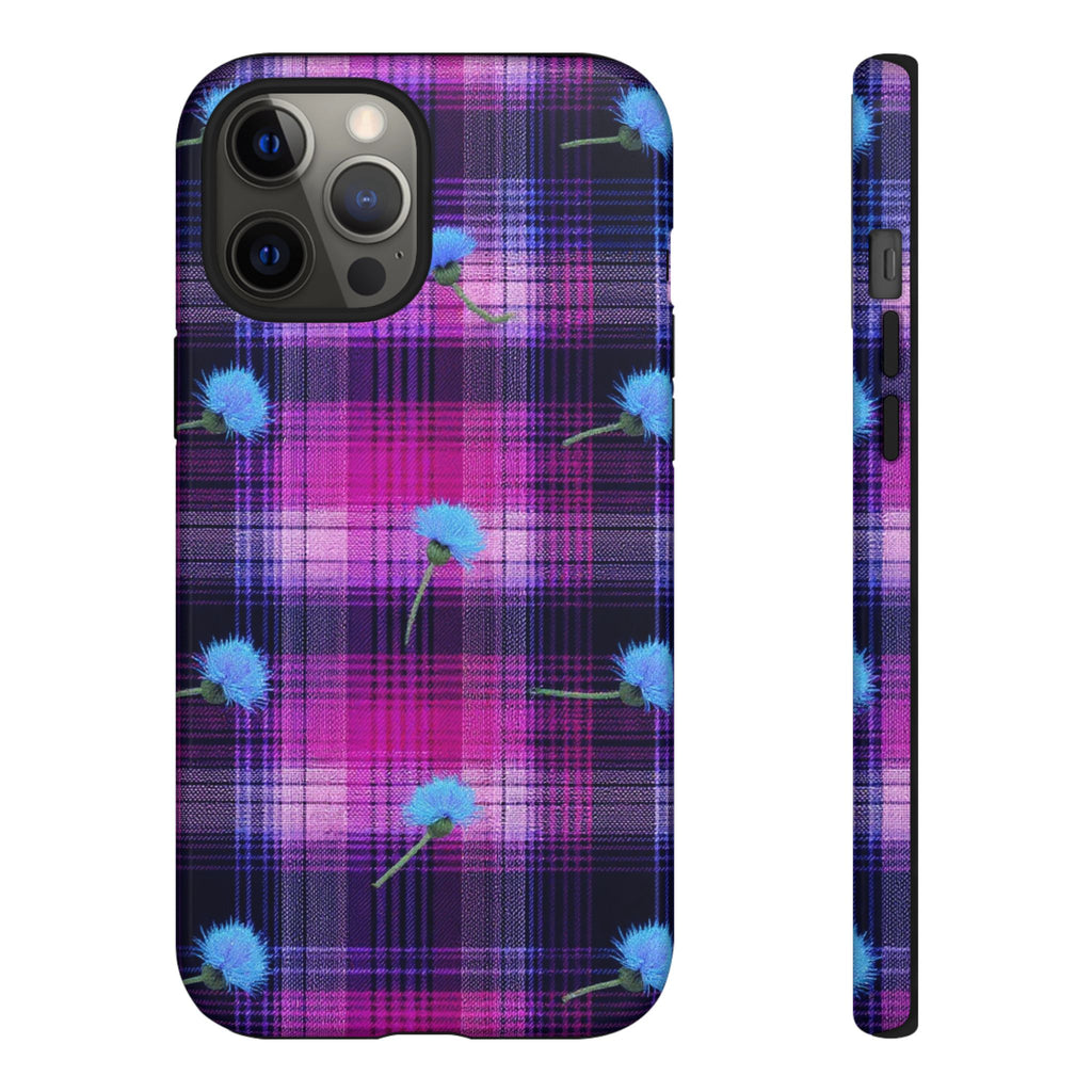 Purple Plaid Blue Thistle Tartan Phone Case — Floral Plaid Protective iPhone Cover