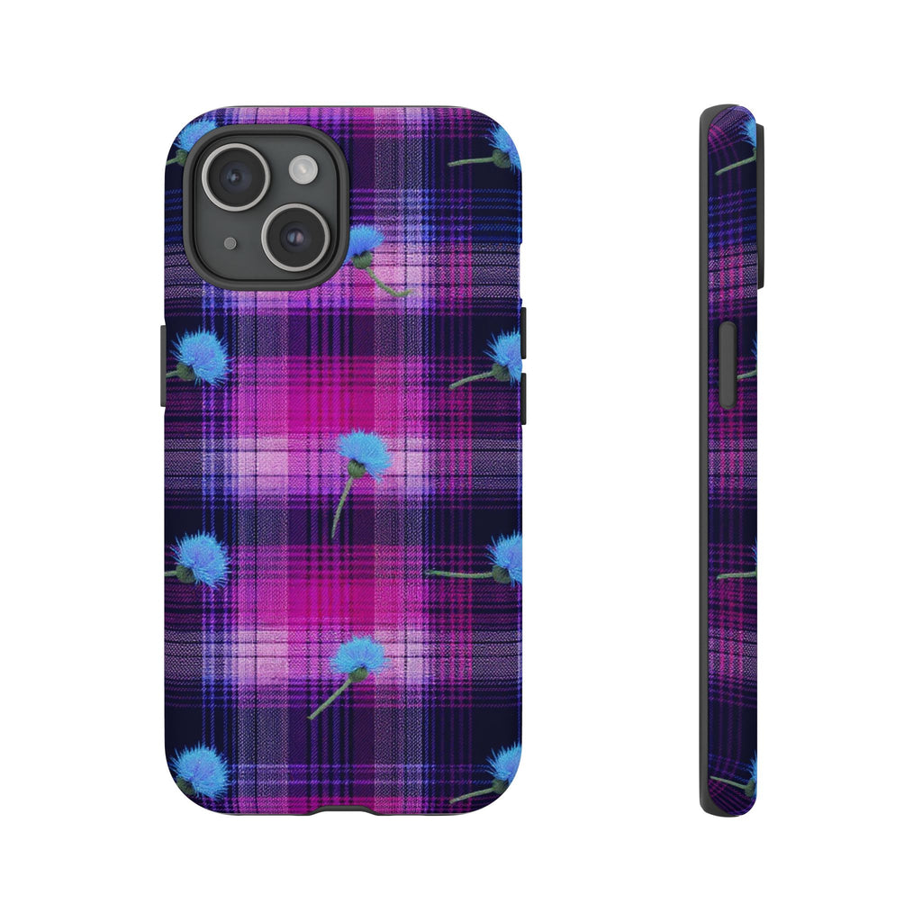 Purple Plaid Blue Thistle Tartan Phone Case — Floral Plaid Protective iPhone Cover