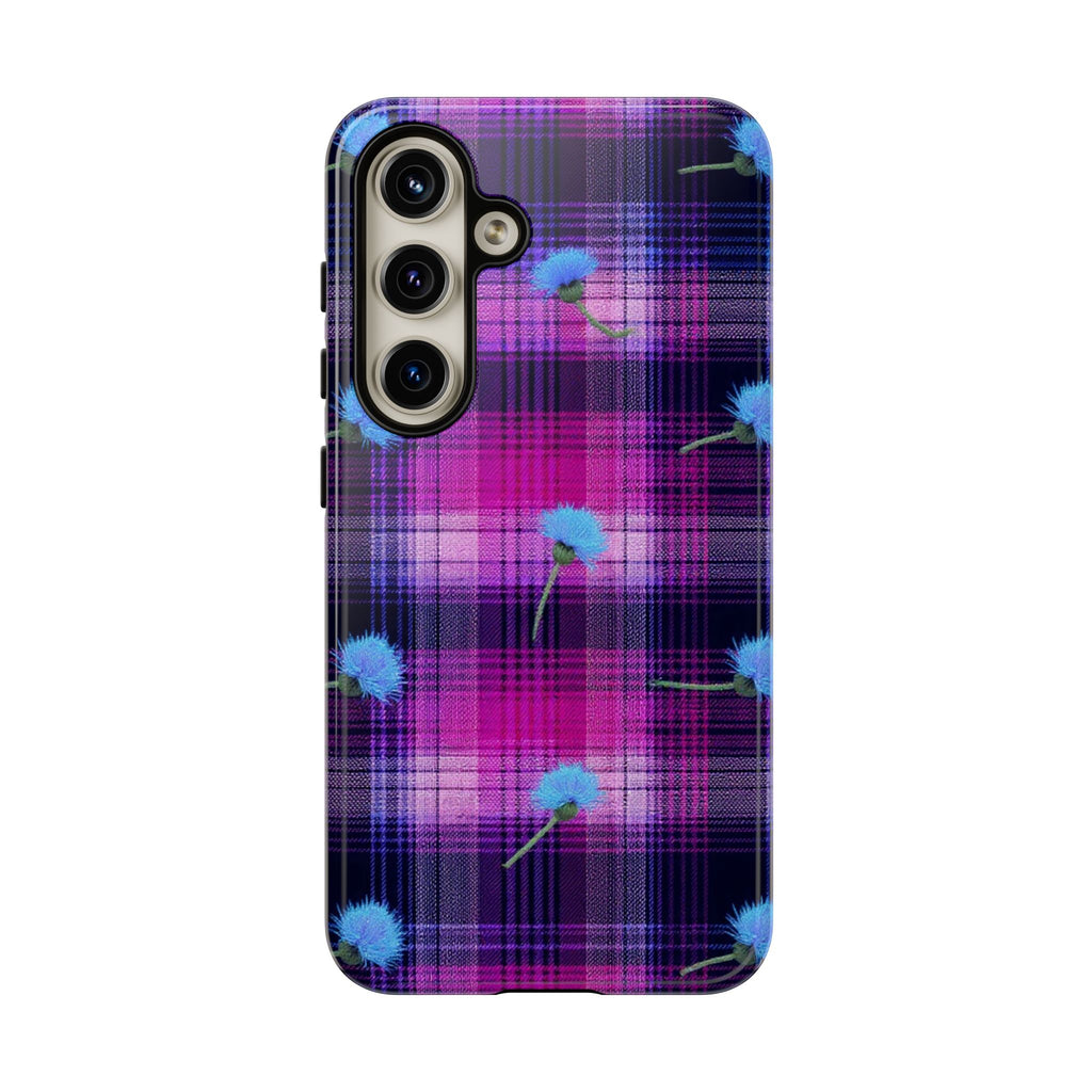 Purple Plaid Blue Thistle Tartan Phone Case — Floral Plaid Protective iPhone Cover