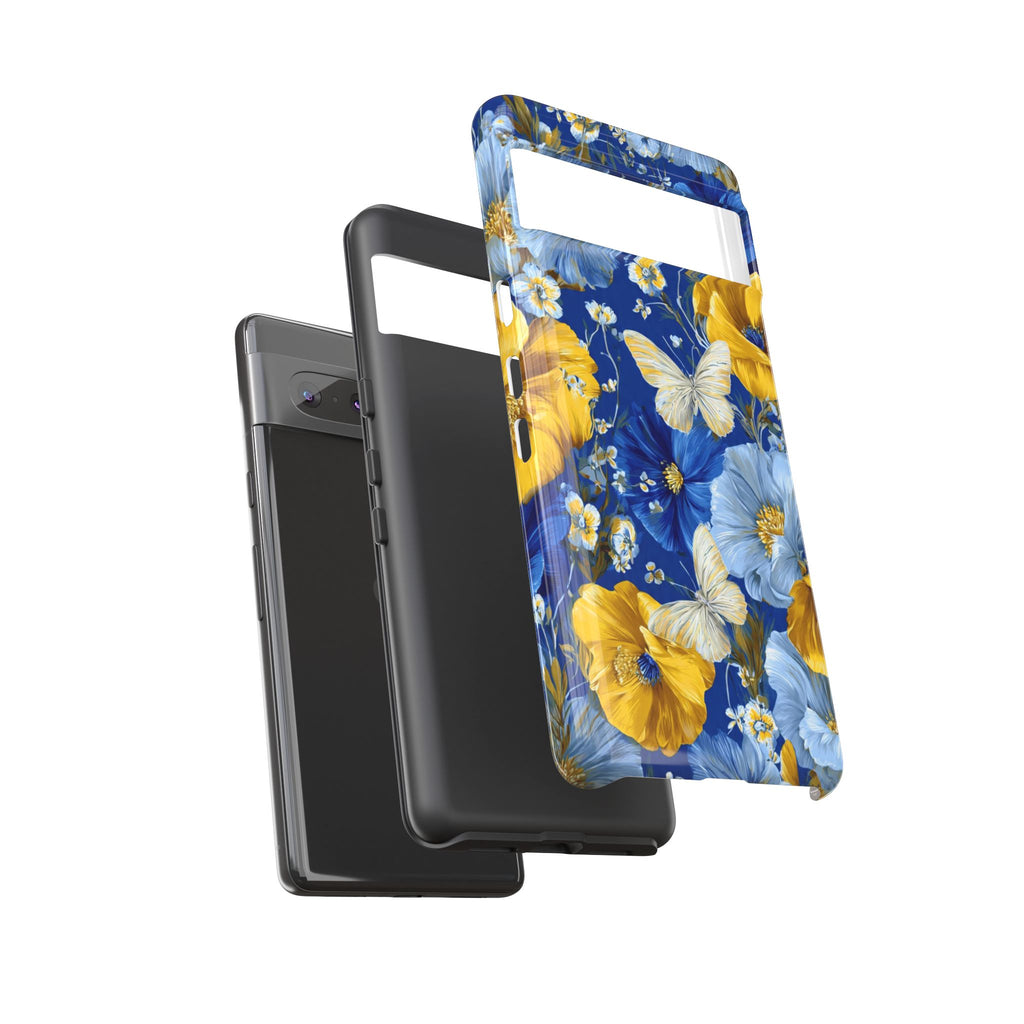Floral Butterflies Phone Case — Blue & Yellow Tough Protective Cover