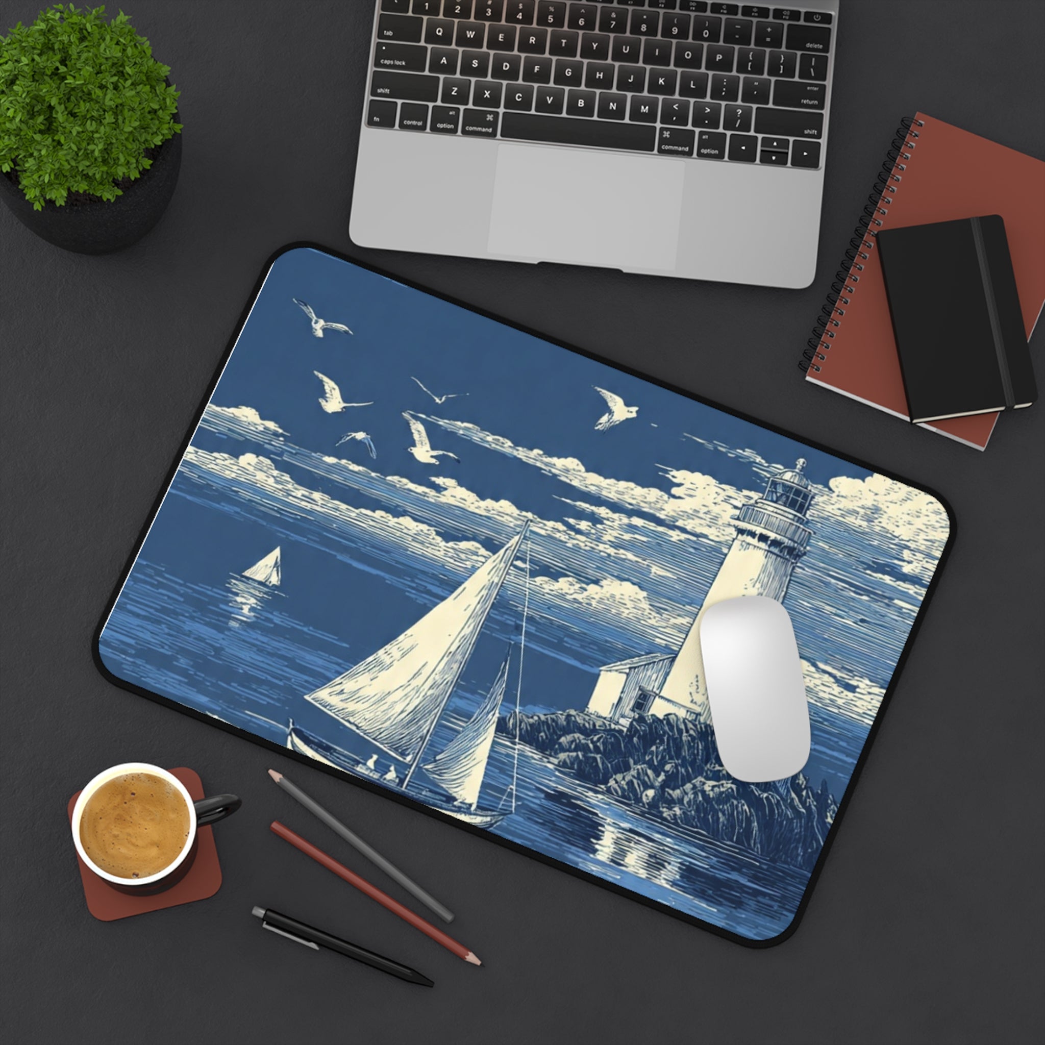 Nautical Lighthouse Sailboat Desk Mat — Ocean Coastal Mouse Pad