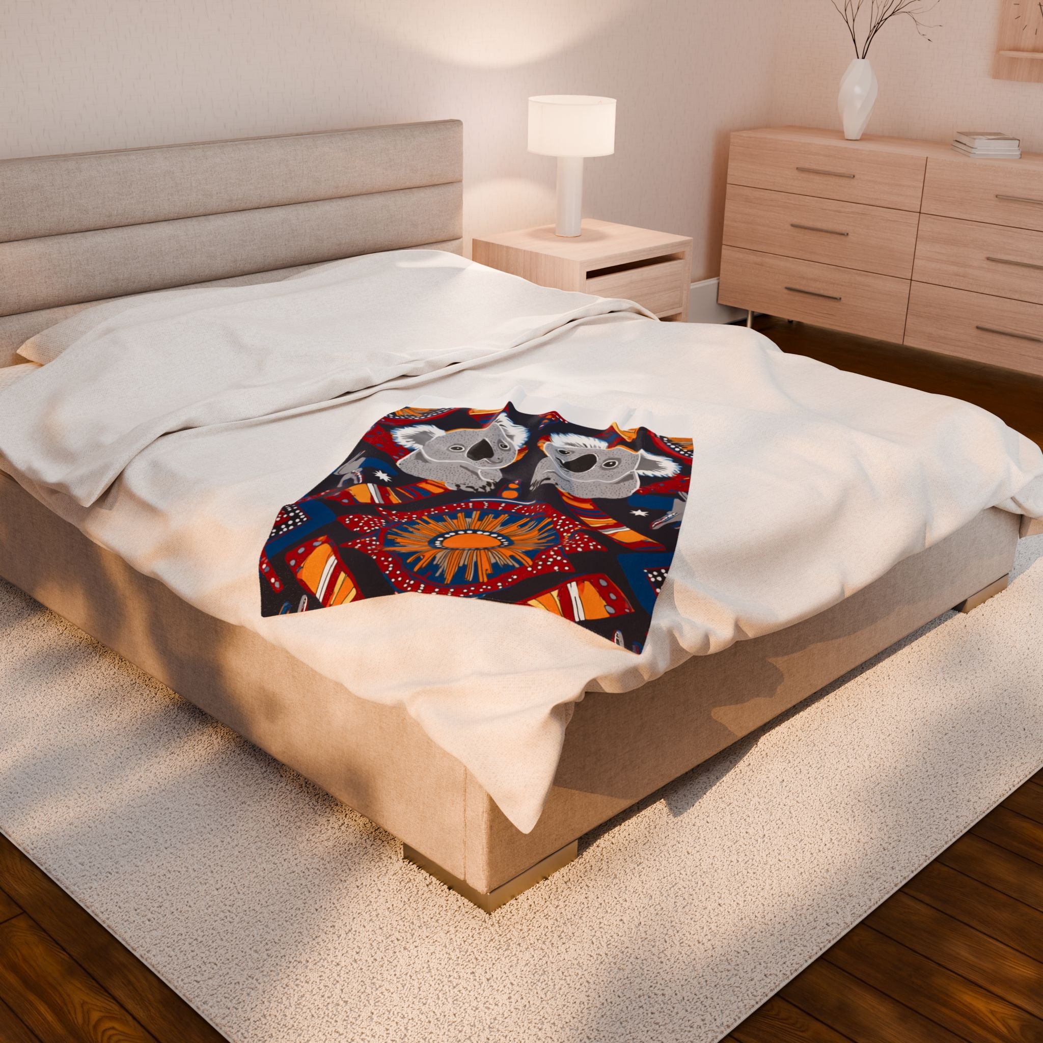 Koala & Sun Velveteen Plush Blanket — Australian Aboriginal Inspired Cozy Throw