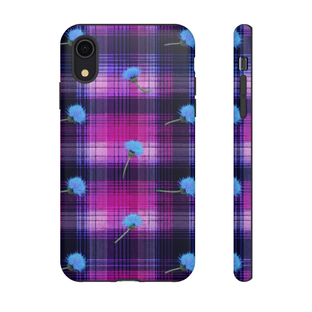 Purple Plaid Blue Thistle Tartan Phone Case — Floral Plaid Protective iPhone Cover