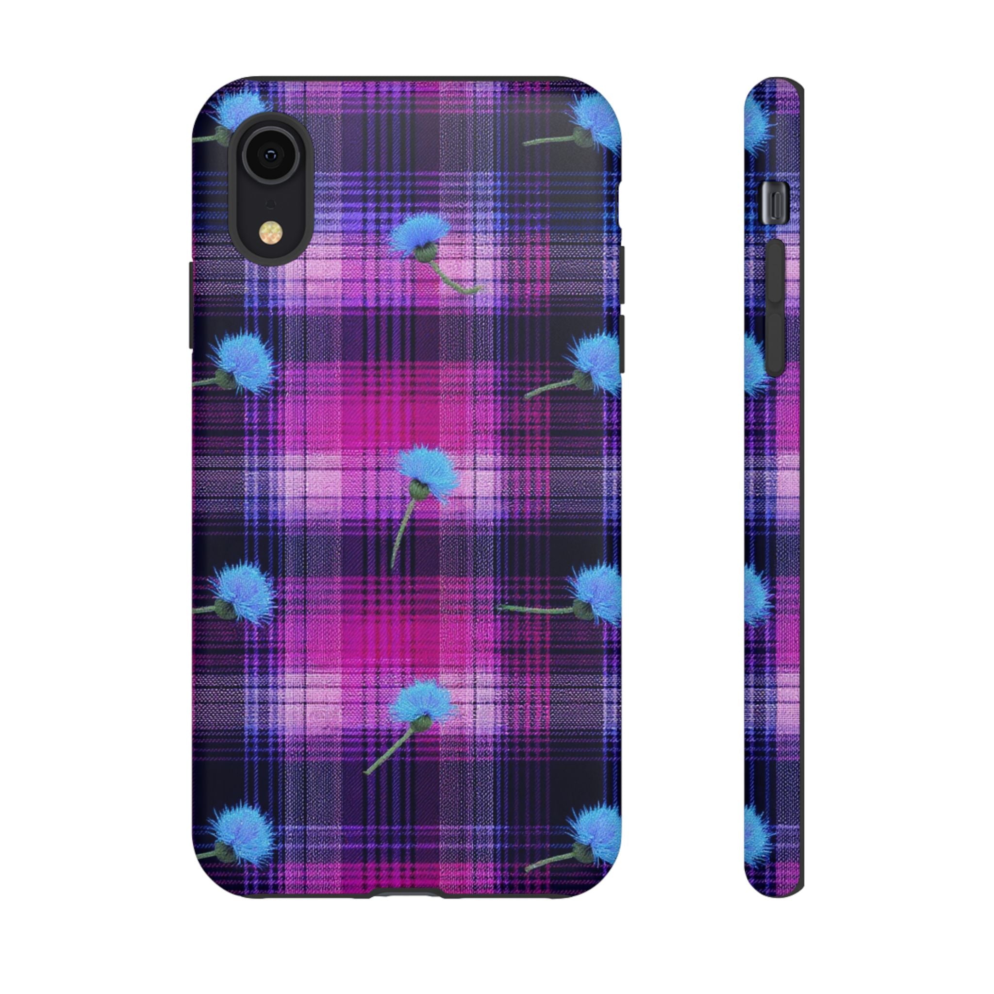 Purple Plaid Blue Thistle Tartan Phone Case — Floral Plaid Protective iPhone Cover