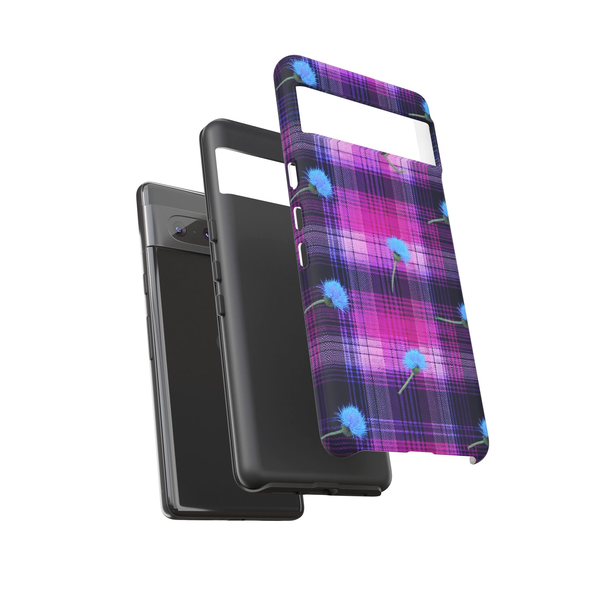 Purple Plaid Blue Thistle Tartan Phone Case — Floral Plaid Protective iPhone Cover