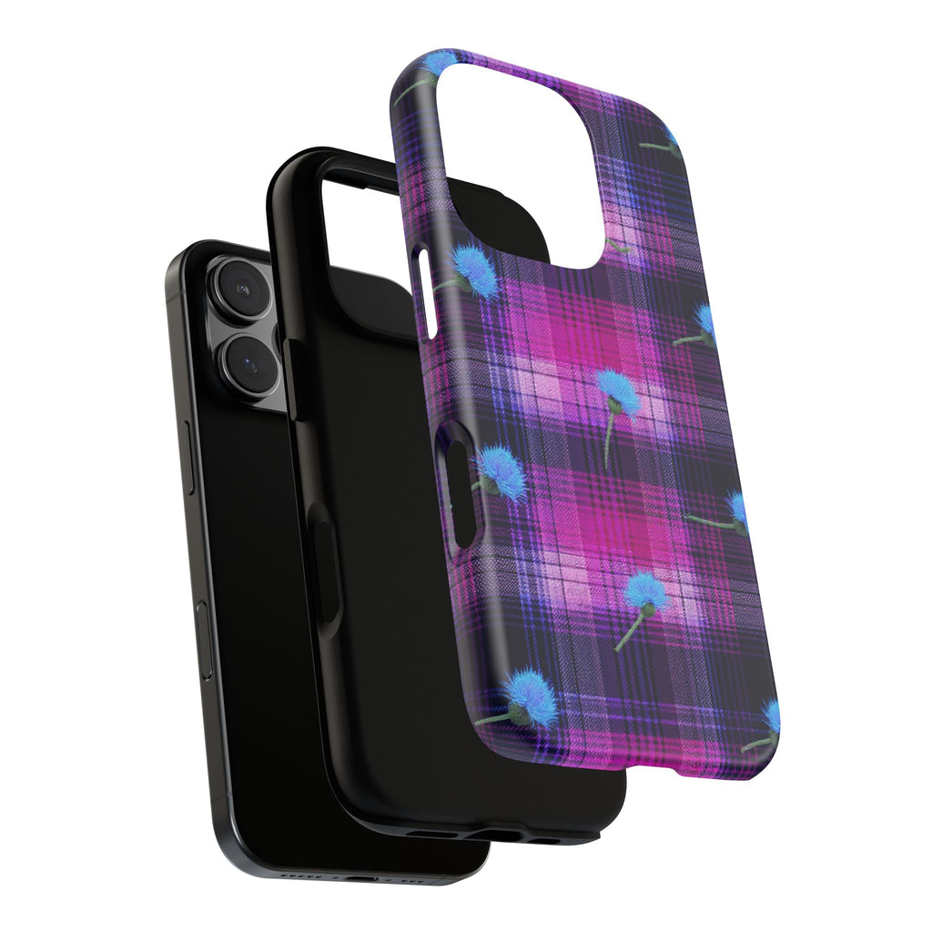 Purple Plaid Blue Thistle Tartan Phone Case — Floral Plaid Protective iPhone Cover