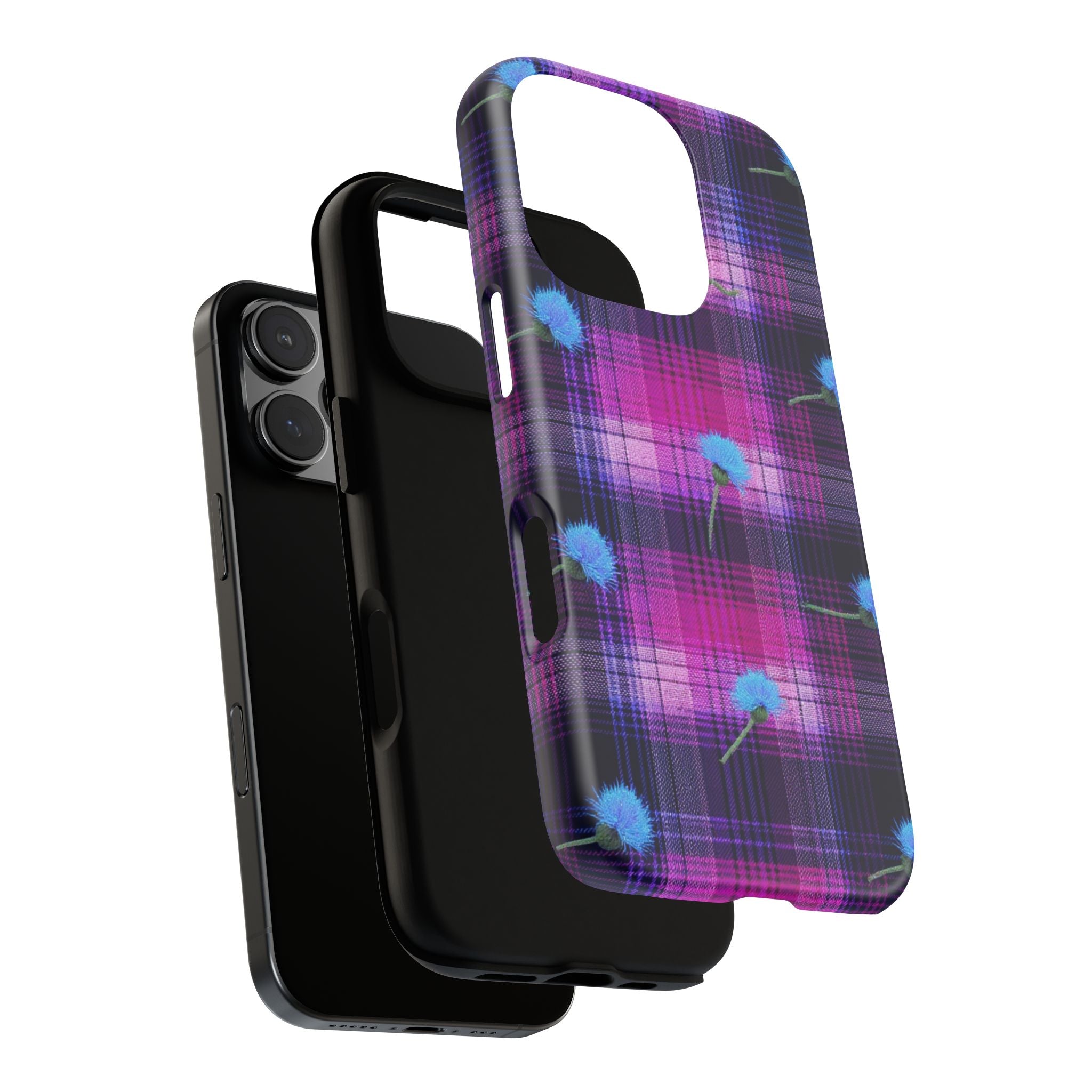 Purple Plaid Blue Thistle Tartan Phone Case — Floral Plaid Protective iPhone Cover