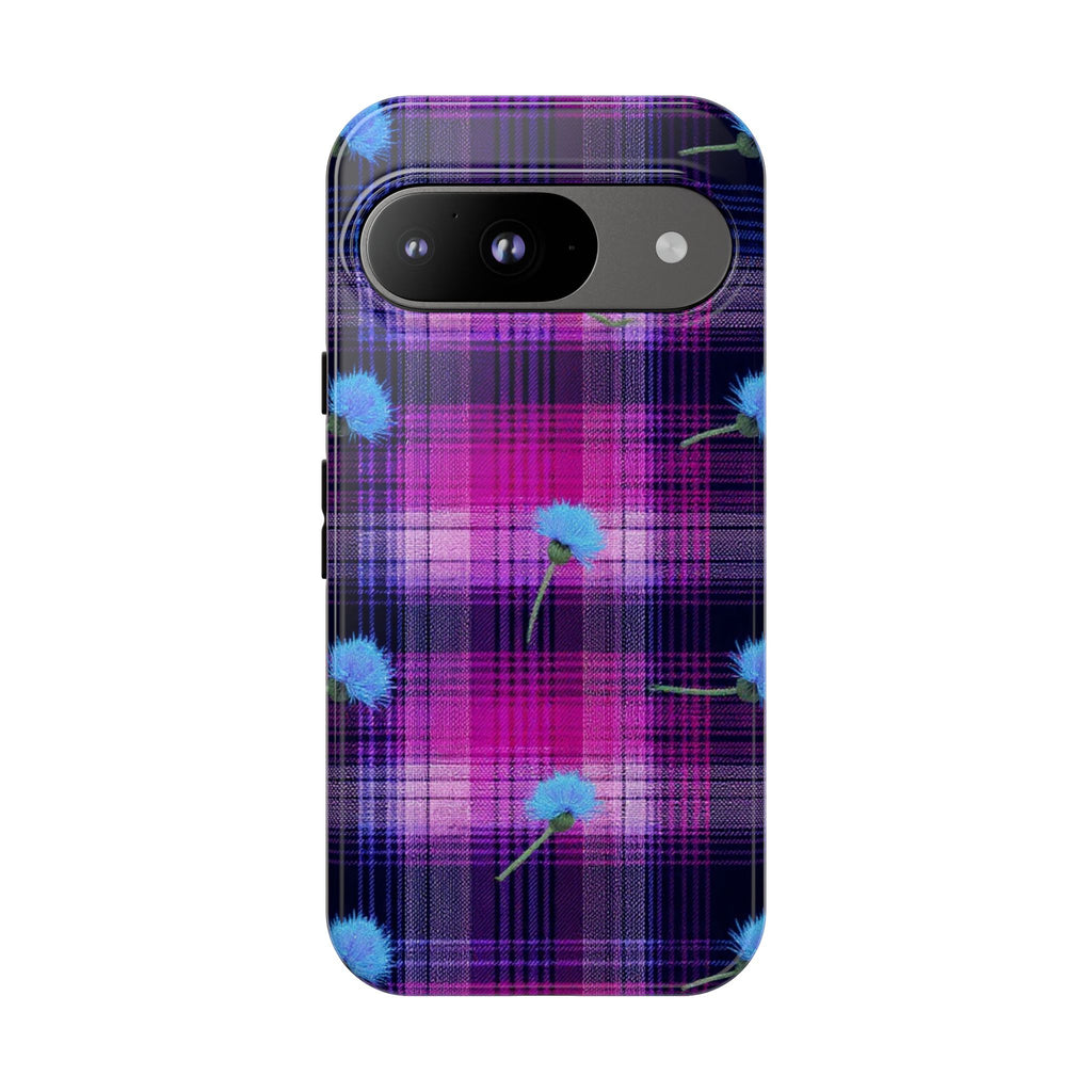 Purple Plaid Blue Thistle Tartan Phone Case — Floral Plaid Protective iPhone Cover