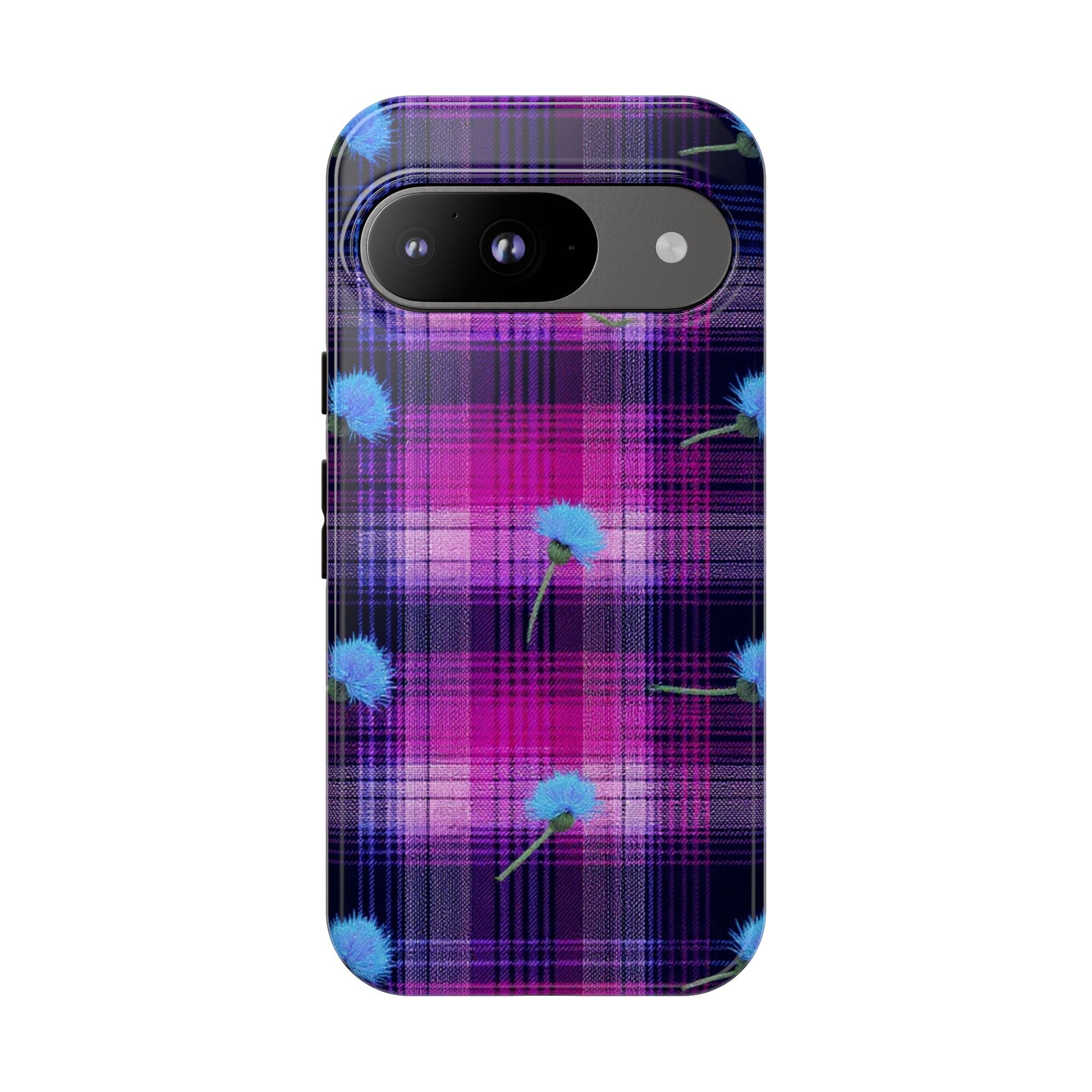 Purple Plaid Blue Thistle Tartan Phone Case — Floral Plaid Protective iPhone Cover