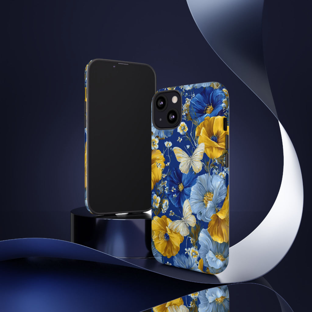 Floral Butterflies Phone Case — Blue & Yellow Tough Protective Cover
