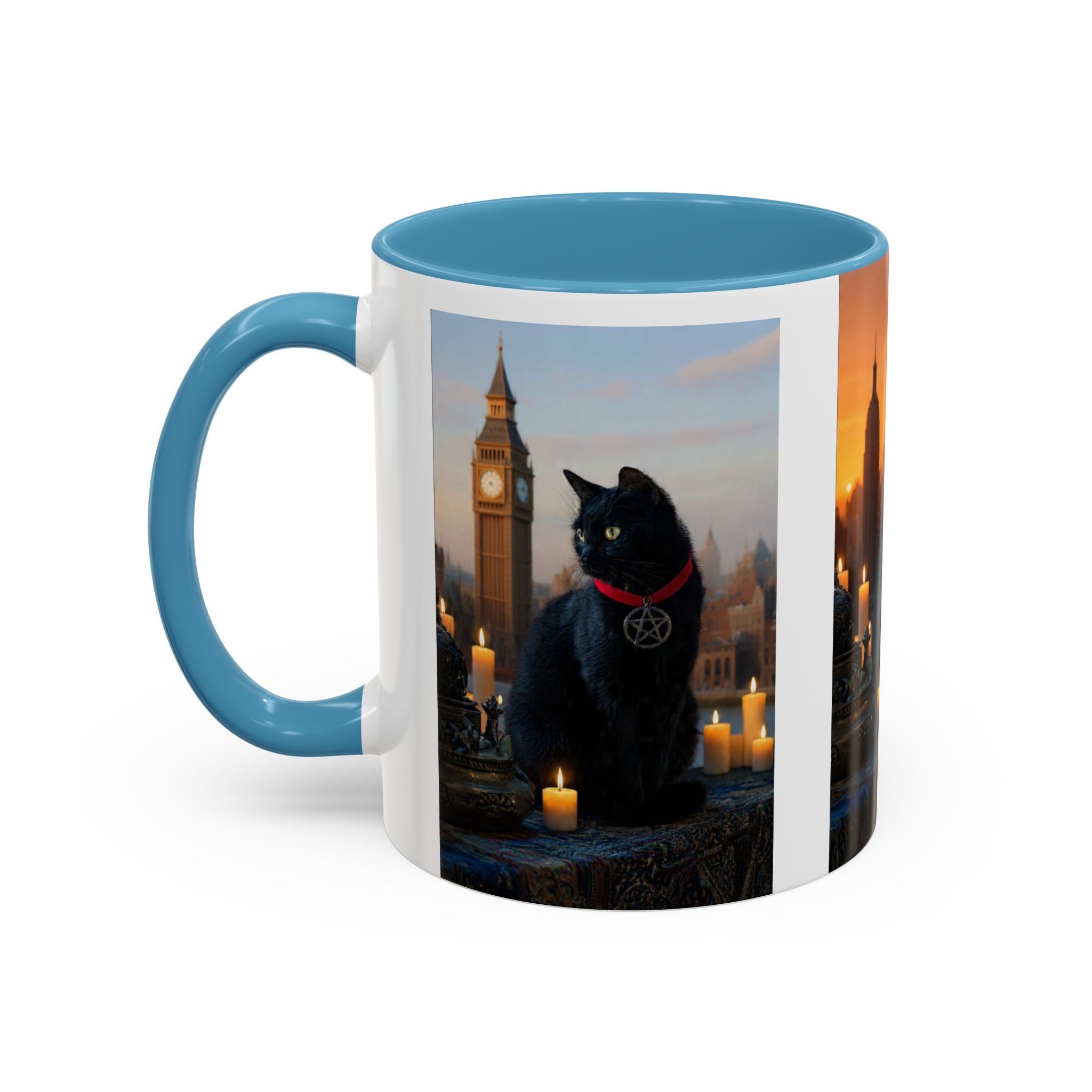 Black Cat Altar Coffee Mug — Gothic Cat with Pentagram, Candlelit Sunset Scene (11/15oz)