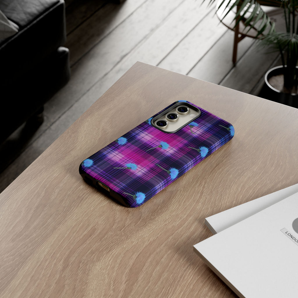 Purple Plaid Blue Thistle Tartan Phone Case — Floral Plaid Protective iPhone Cover