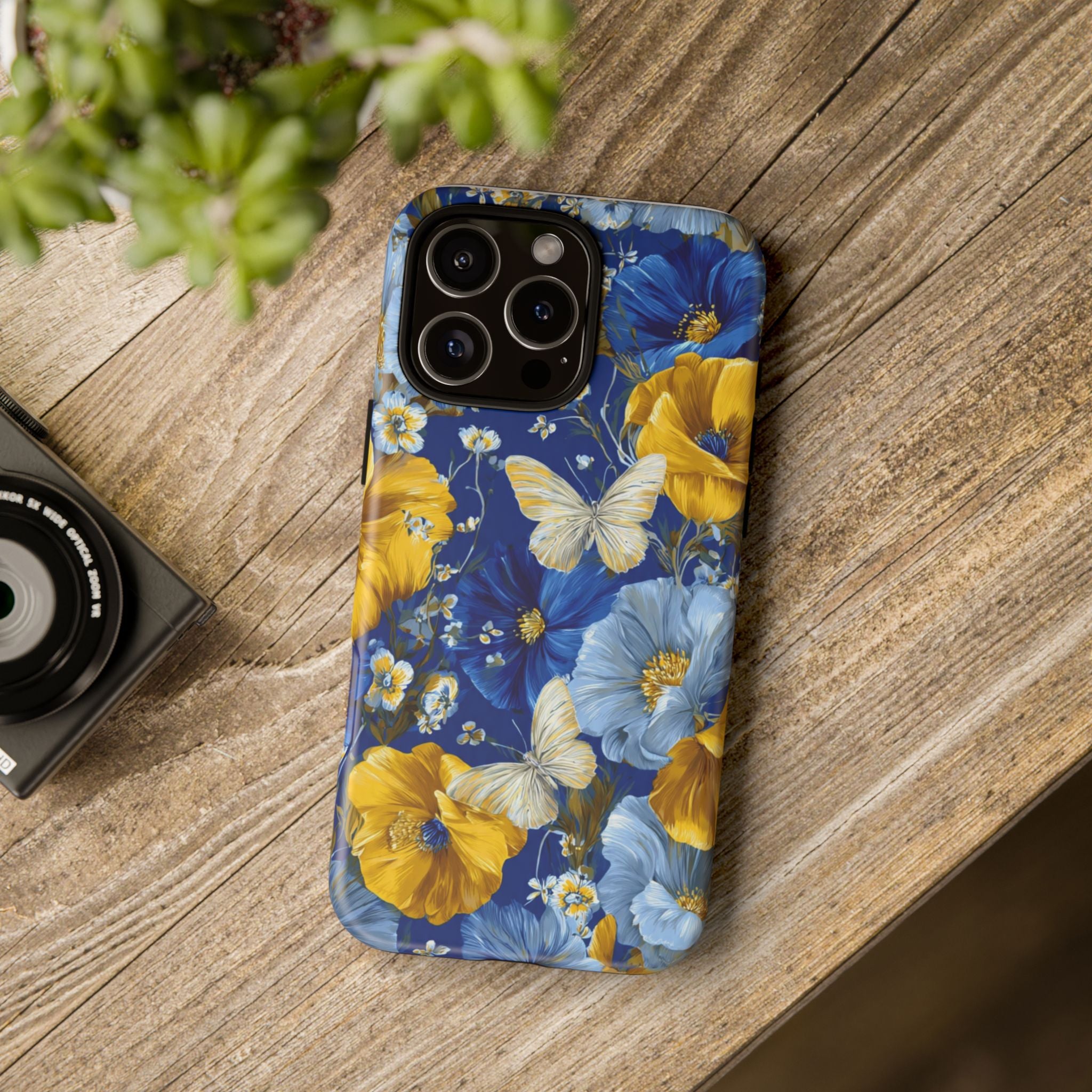 Floral Butterflies Phone Case — Blue & Yellow Tough Protective Cover