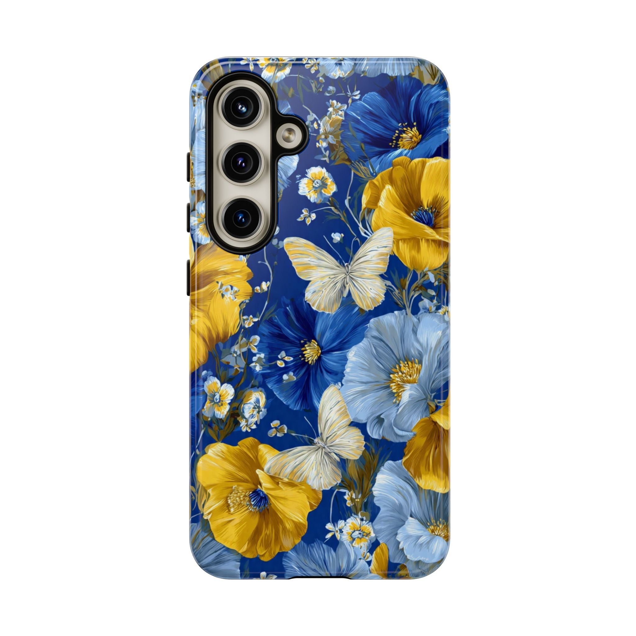 Floral Butterflies Phone Case — Blue & Yellow Tough Protective Cover