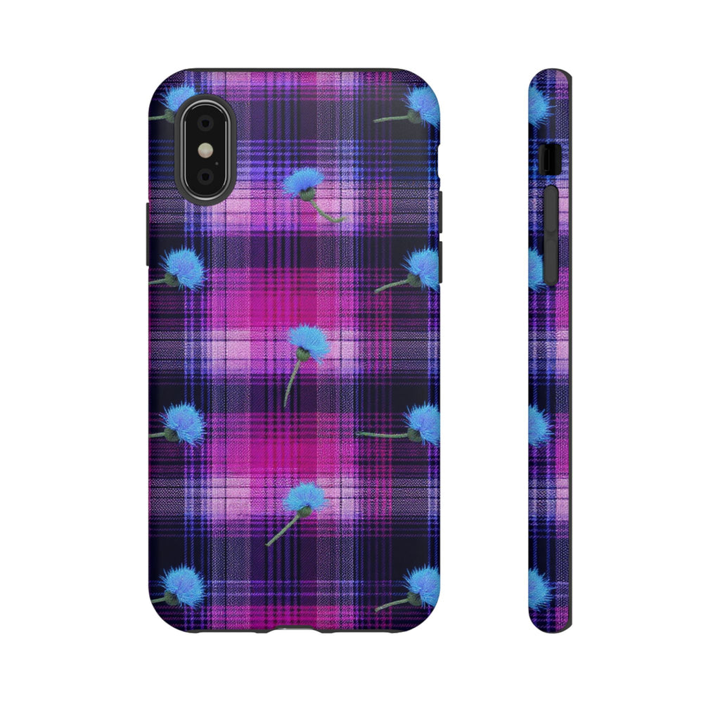 Purple Plaid Blue Thistle Tartan Phone Case — Floral Plaid Protective iPhone Cover