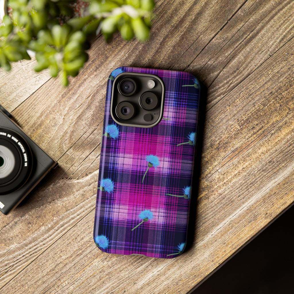 Purple Plaid Blue Thistle Tartan Phone Case — Floral Plaid Protective iPhone Cover