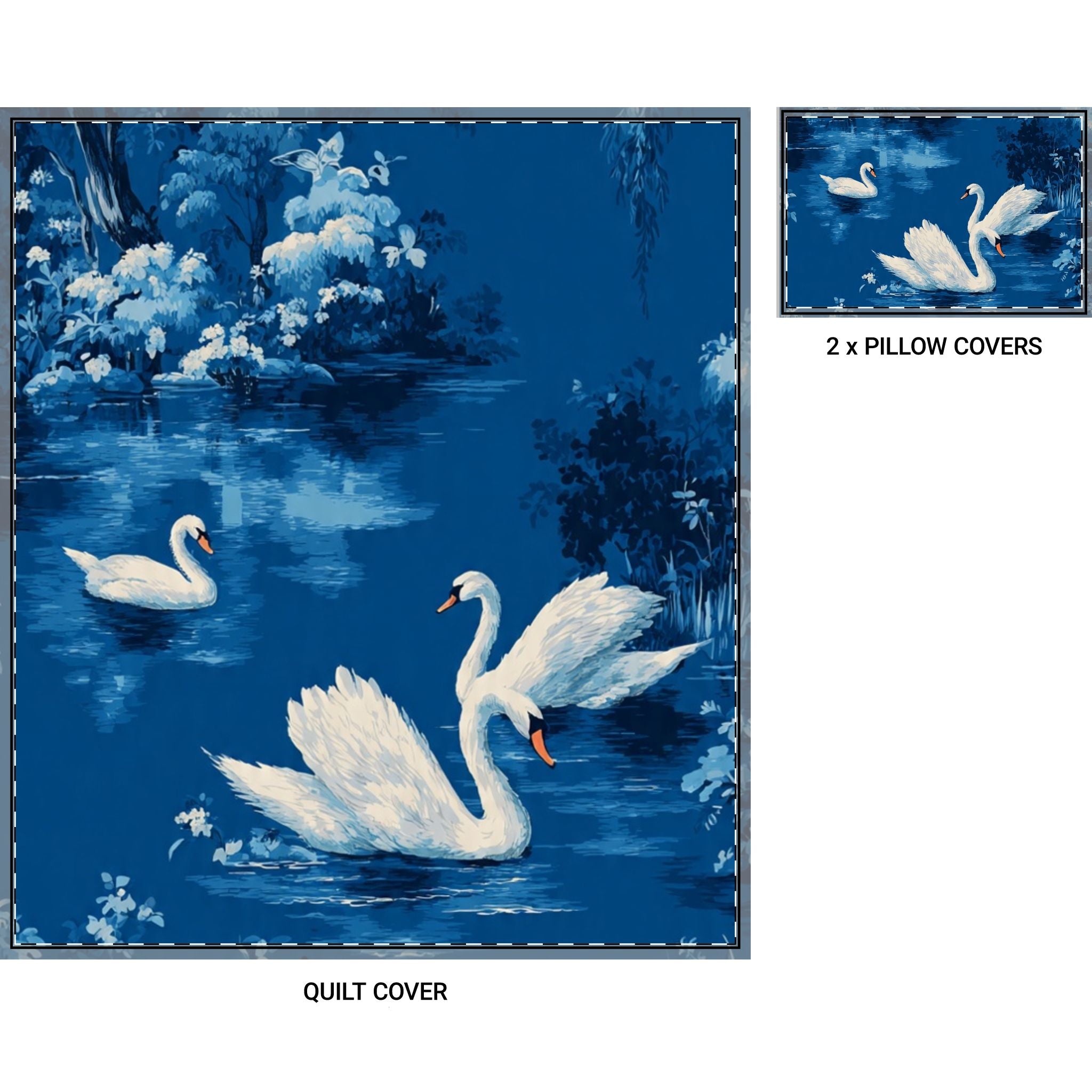 Swan Lake Quilt Cover Set — 3‑Piece Blue Duvet & Pillow Covers