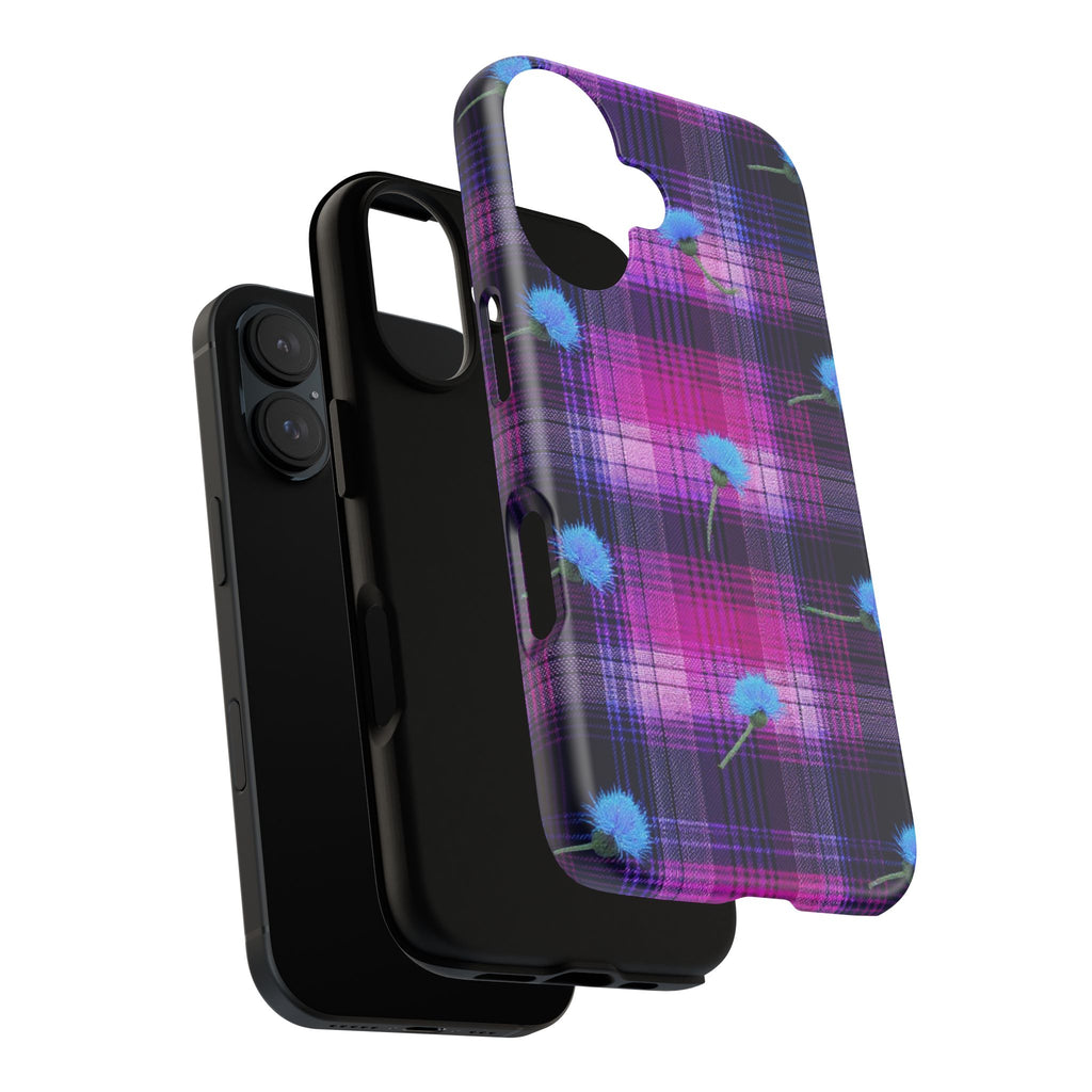 Purple Plaid Blue Thistle Tartan Phone Case — Floral Plaid Protective iPhone Cover