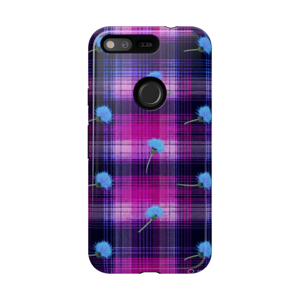 Purple Plaid Blue Thistle Tartan Phone Case — Floral Plaid Protective iPhone Cover