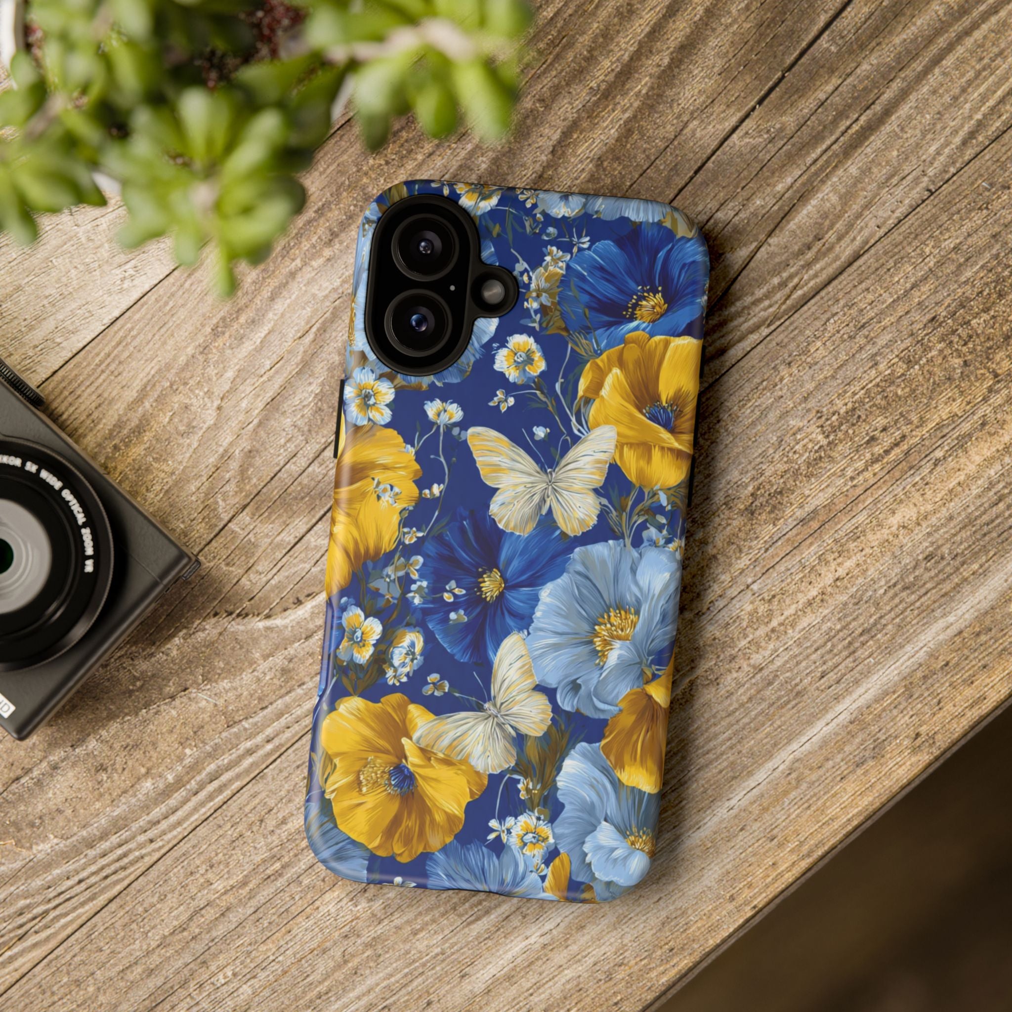 Floral Butterflies Phone Case — Blue & Yellow Tough Protective Cover