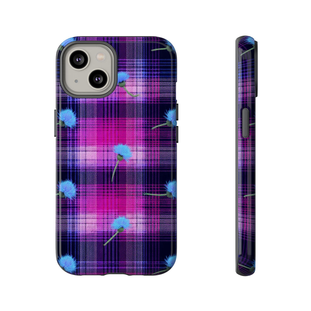 Purple Plaid Blue Thistle Tartan Phone Case — Floral Plaid Protective iPhone Cover