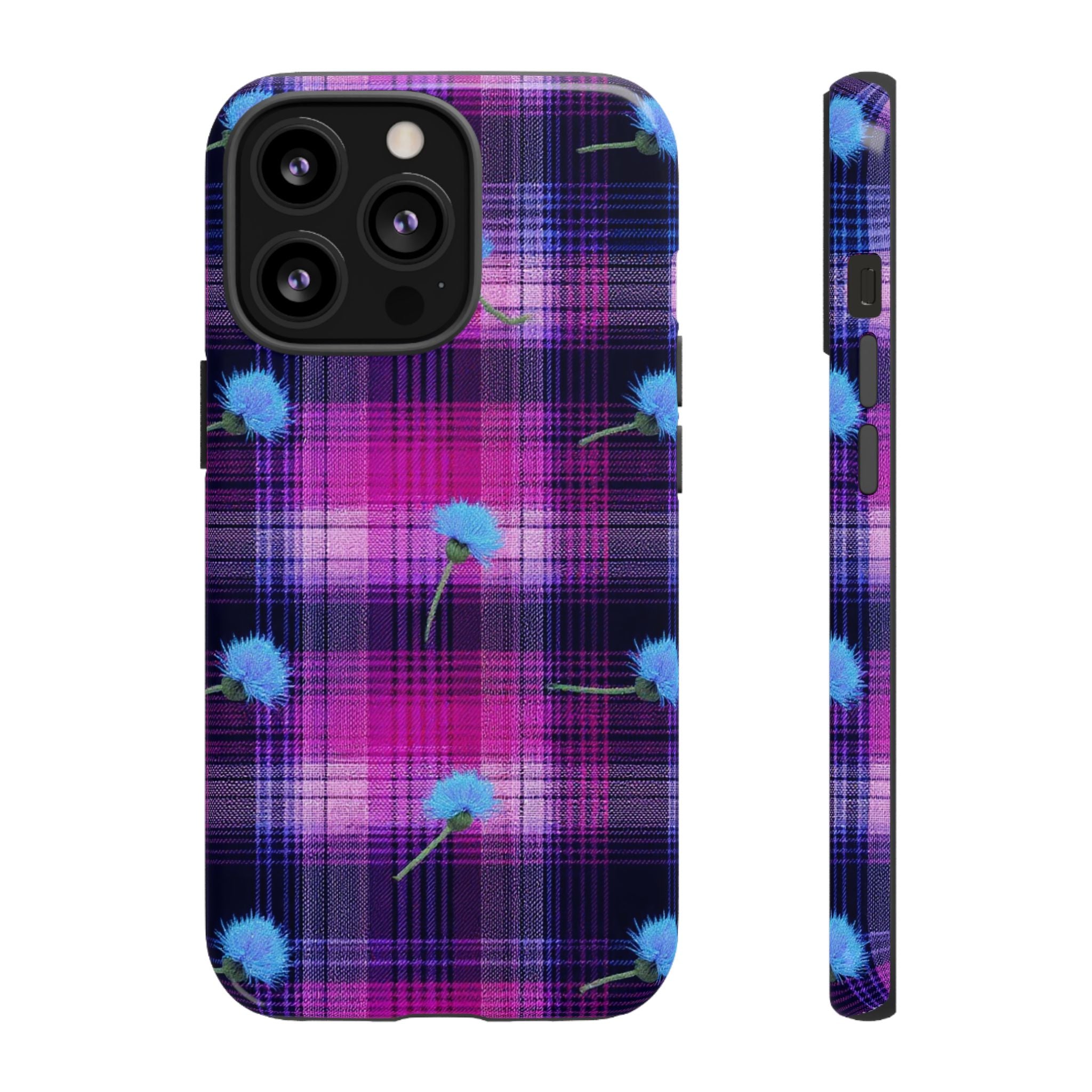 Purple Plaid Blue Thistle Tartan Phone Case — Floral Plaid Protective iPhone Cover