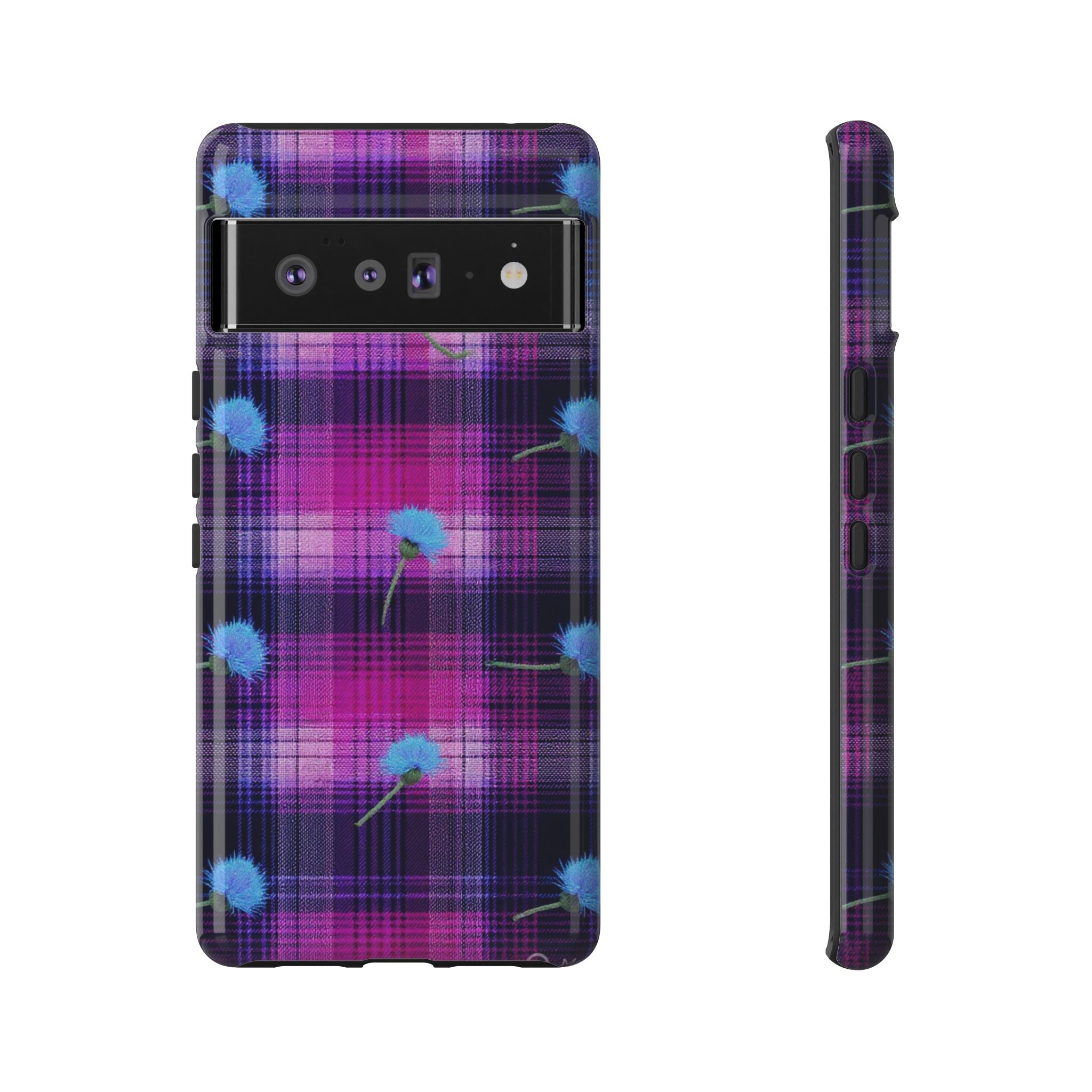 Purple Plaid Blue Thistle Tartan Phone Case — Floral Plaid Protective iPhone Cover