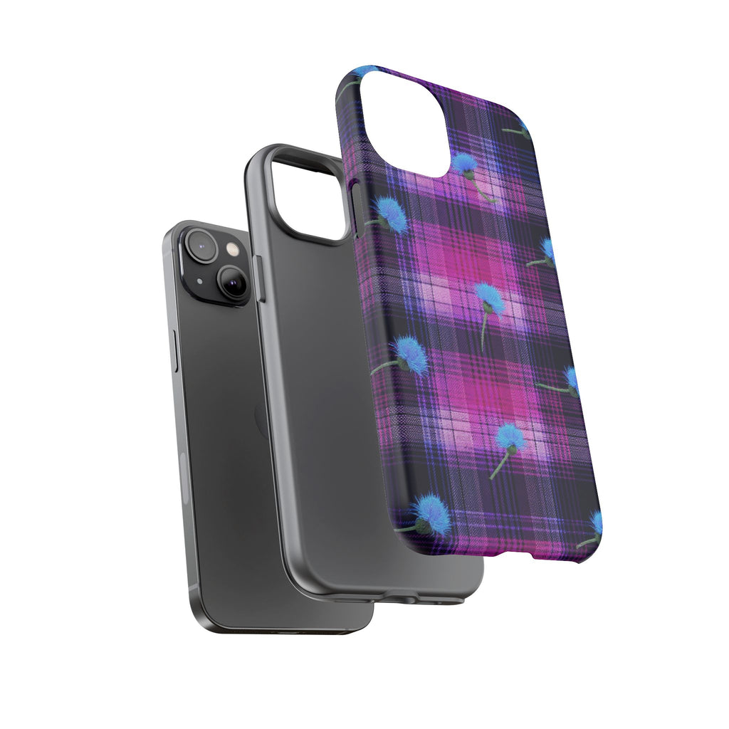 Purple Plaid Blue Thistle Tartan Phone Case — Floral Plaid Protective iPhone Cover