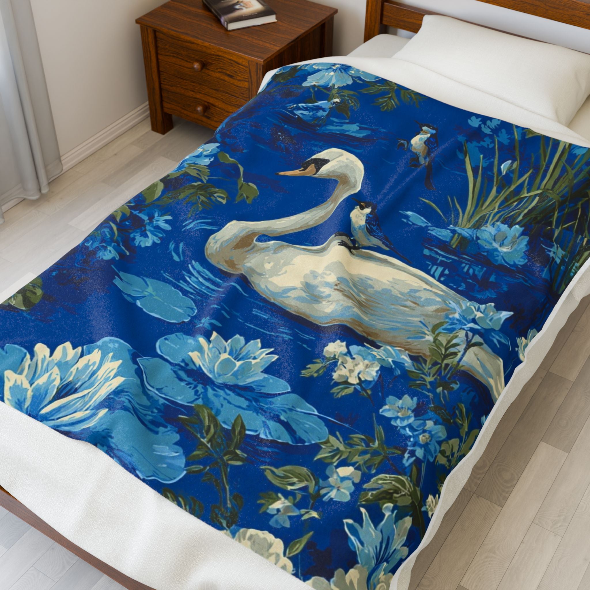 Swan Pond Velveteen Plush Blanket — Blue Floral Swans Cozy Throw